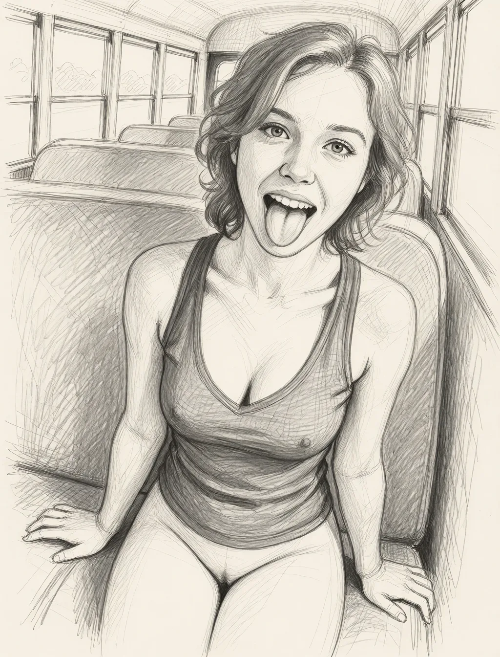 Redraw the entire picture as a hand-drawn graphite sketch on off-white paper: visible pencil strokes, cross-hatched shading, loose construction lines and no colour beyond the grey of the pencil and the tone of the paper. The background is drawn in the same style. Nothing in the frame keeps its photographic appearance. Above all, the picture must show: completely_nude.