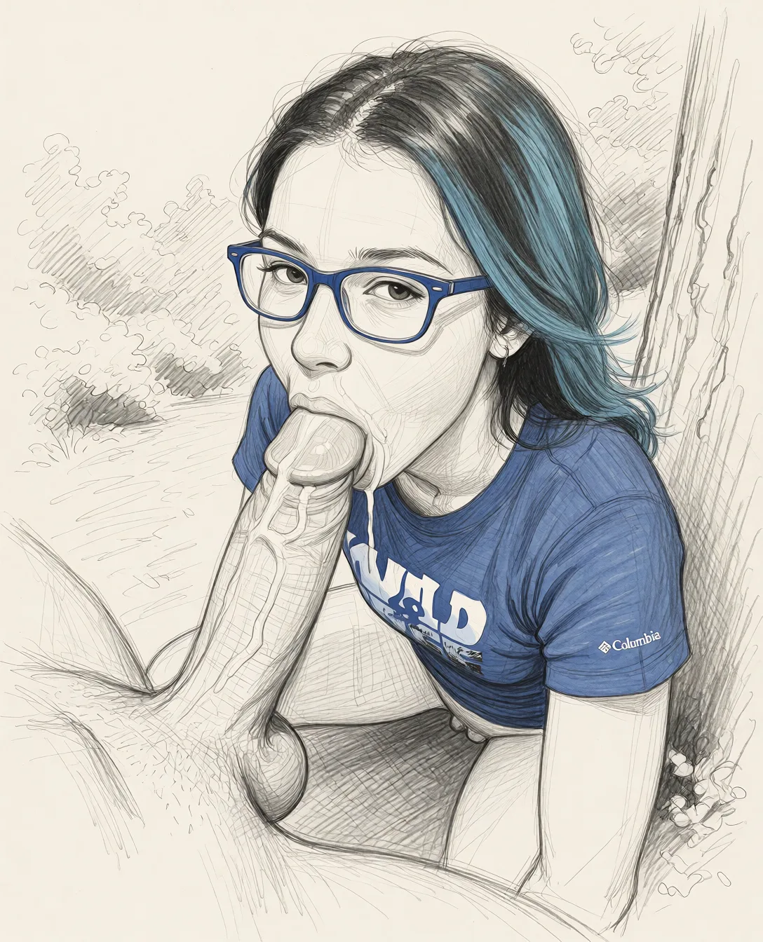 Redraw the entire picture as a hand-drawn graphite sketch on off-white paper: visible pencil strokes, cross-hatched shading, loose construction lines and no colour beyond the grey of the pencil and the tone of the paper. The background is drawn in the same style. Nothing in the frame keeps its photographic appearance. Above all, the picture must show: from_above completely_nude squatting fellatio looking_at_viewer cum_in_mouth.
