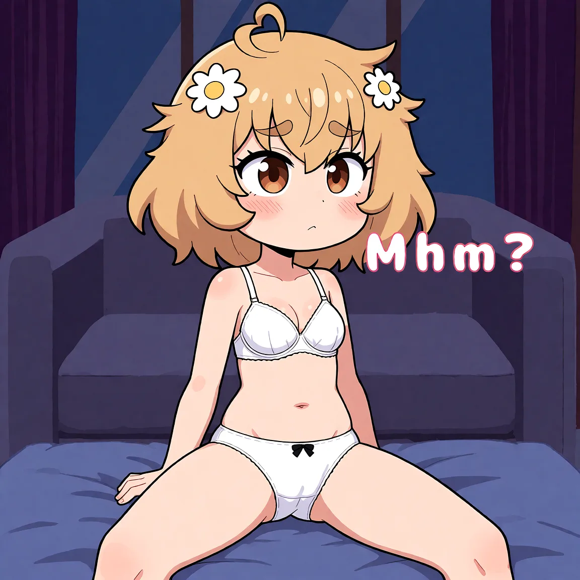 Redraw the entire picture as a hand-drawn anime illustration in flat cel-shaded anime style. It stays the same person with the same face, the same expression, the same hair and the same skin tone, and every other detail of the photograph is kept exactly as it is: nothing is added, removed, moved, uncovered or recoloured. Only the medium changes, and no part of the picture is left photographic. Above all, the picture must show: on her back, wearing only white bra and panties, with spread_legs apart.