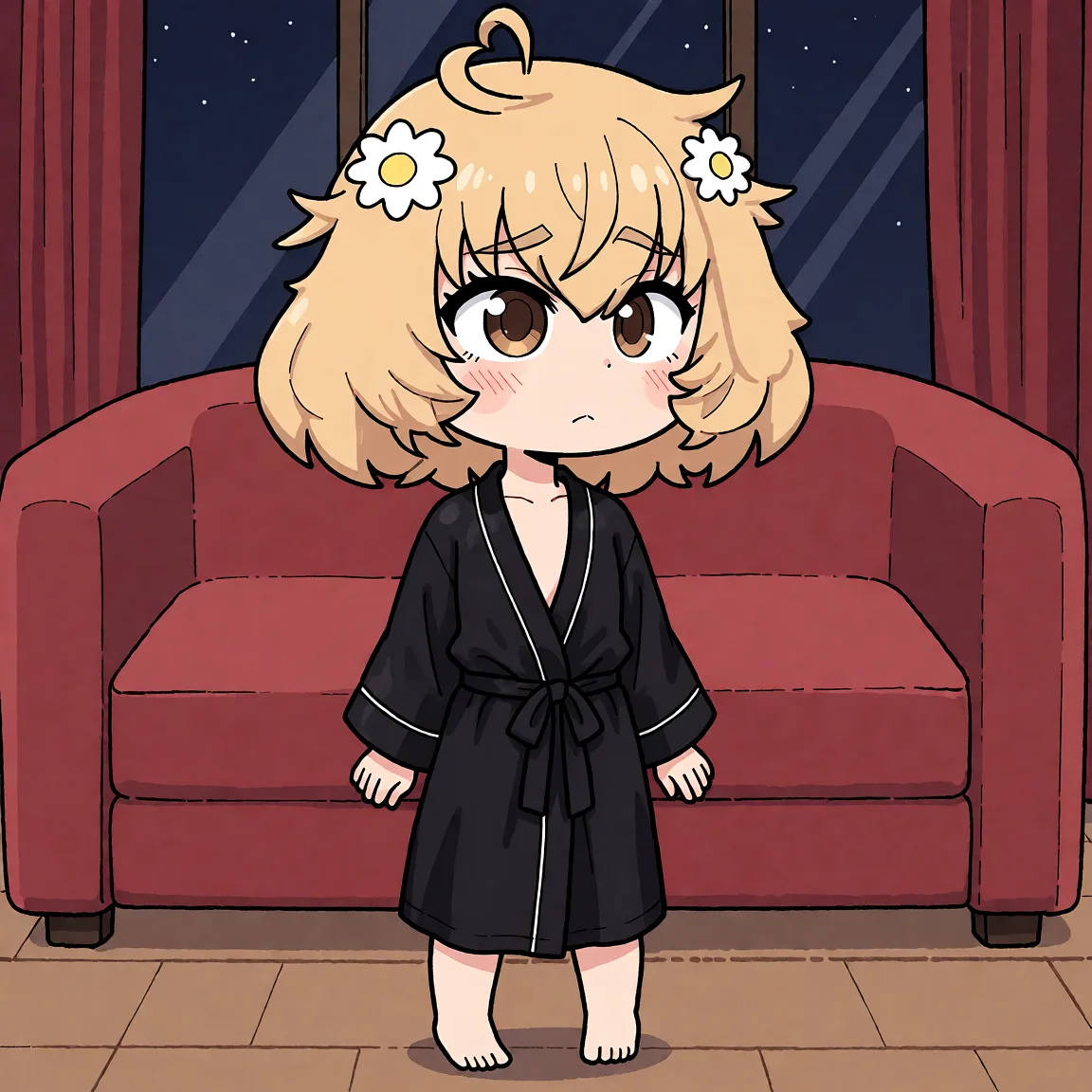 Redraw the entire picture as a hand-drawn anime illustration in flat cel-shaded anime style. It stays the same person with the same face, the same expression, the same hair and the same skin tone, and every other detail of the photograph is kept exactly as it is: nothing is added, removed, moved, uncovered or recoloured. Only the medium changes, and no part of the picture is left photographic. Above all, the picture must show: nothing but a open black silk robe, standing at a hotel at night.