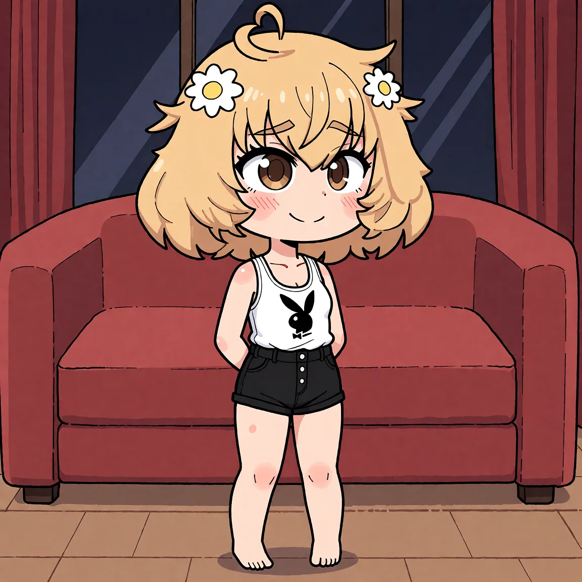 Redraw the entire picture as a hand-drawn anime illustration in flat cel-shaded anime style. It stays the same person with the same face, the same expression, the same hair and the same skin tone, and every other detail of the photograph is kept exactly as it is: nothing is added, removed, moved, uncovered or recoloured. Only the medium changes, and no part of the picture is left photographic. Above all, the picture must show: her cheeks flushed pink as she gives a sly smile. She's wearing the Playboy outfit, which consists of a white tank top with the iconic logo on it and high-waisted black shorts.