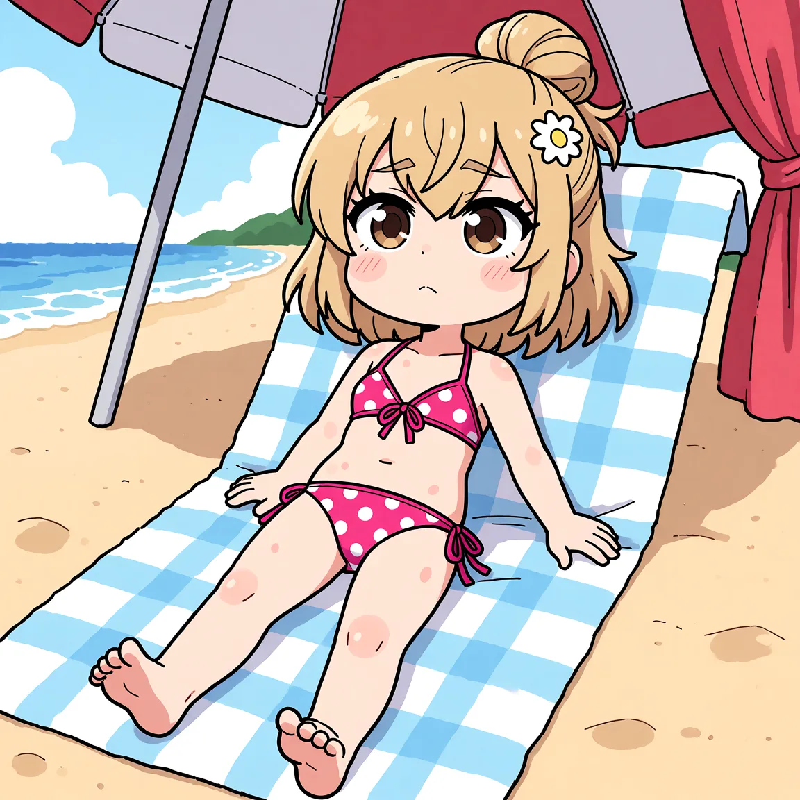 Redraw the entire picture as a hand-drawn anime illustration in flat cel-shaded anime style. It stays the same person with the same face, the same expression, the same hair and the same skin tone, and every other detail of the photograph is kept exactly as it is: nothing is added, removed, moved, uncovered or recoloured. Only the medium changes, and no part of the picture is left photographic. Above all, the picture must show: lounging on a beach towel, wearing a bright pink bikini with white polka dots, her hair tied up in a messy bun.