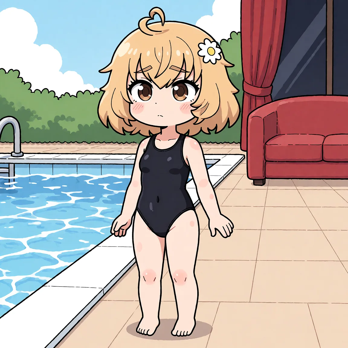 Redraw the entire picture as a hand-drawn anime illustration in flat cel-shaded anime style. It stays the same person with the same face, the same expression, the same hair and the same skin tone, and every other detail of the photograph is kept exactly as it is: nothing is added, removed, moved, uncovered or recoloured. Only the medium changes, and no part of the picture is left photographic. Above all, the picture must show: standing by the poolside, wearing a sleek black swimsuit that accentuates her curves.