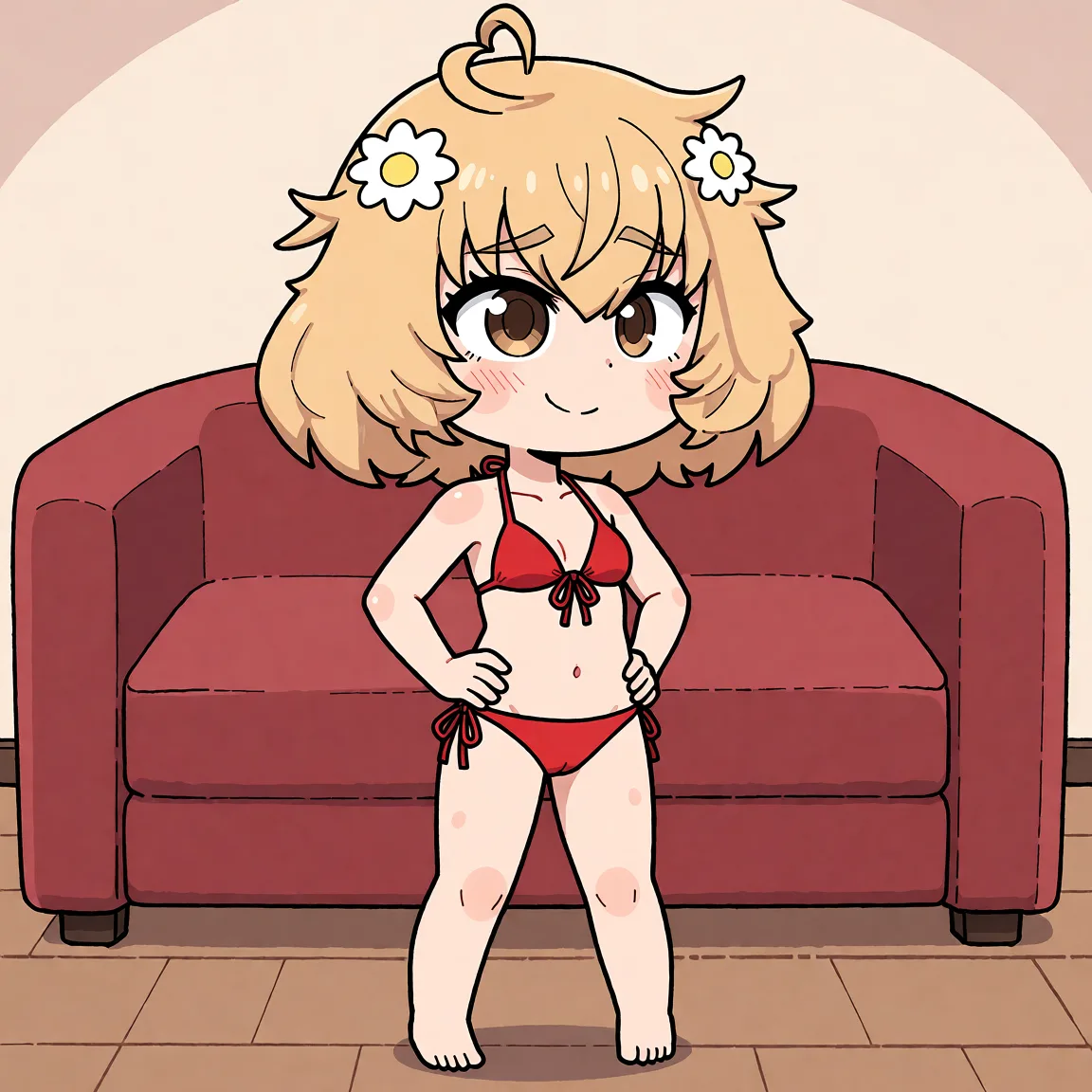 Redraw the entire picture as a hand-drawn anime illustration in flat cel-shaded anime style. It stays the same person with the same face, the same expression, the same hair and the same skin tone, and every other detail of the photograph is kept exactly as it is: nothing is added, removed, moved, uncovered or recoloured. Only the medium changes, and no part of the picture is left photographic. Above all, the picture must show: a sassy pose in a red bikini.