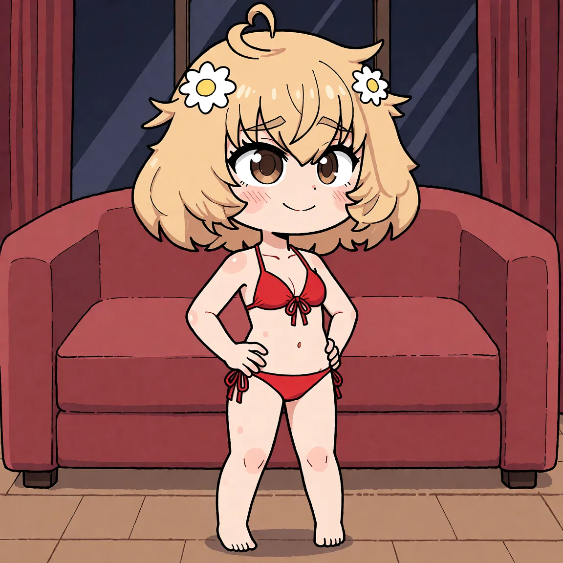 Redraw the entire picture as a hand-drawn anime illustration in flat cel-shaded anime style. It stays the same person with the same face, the same expression, the same hair and the same skin tone, and every other detail of the photograph is kept exactly as it is: nothing is added, removed, moved, uncovered or recoloured. Only the medium changes, and no part of the picture is left photographic. Above all, the picture must show: a sassy pose in a red bikini.
