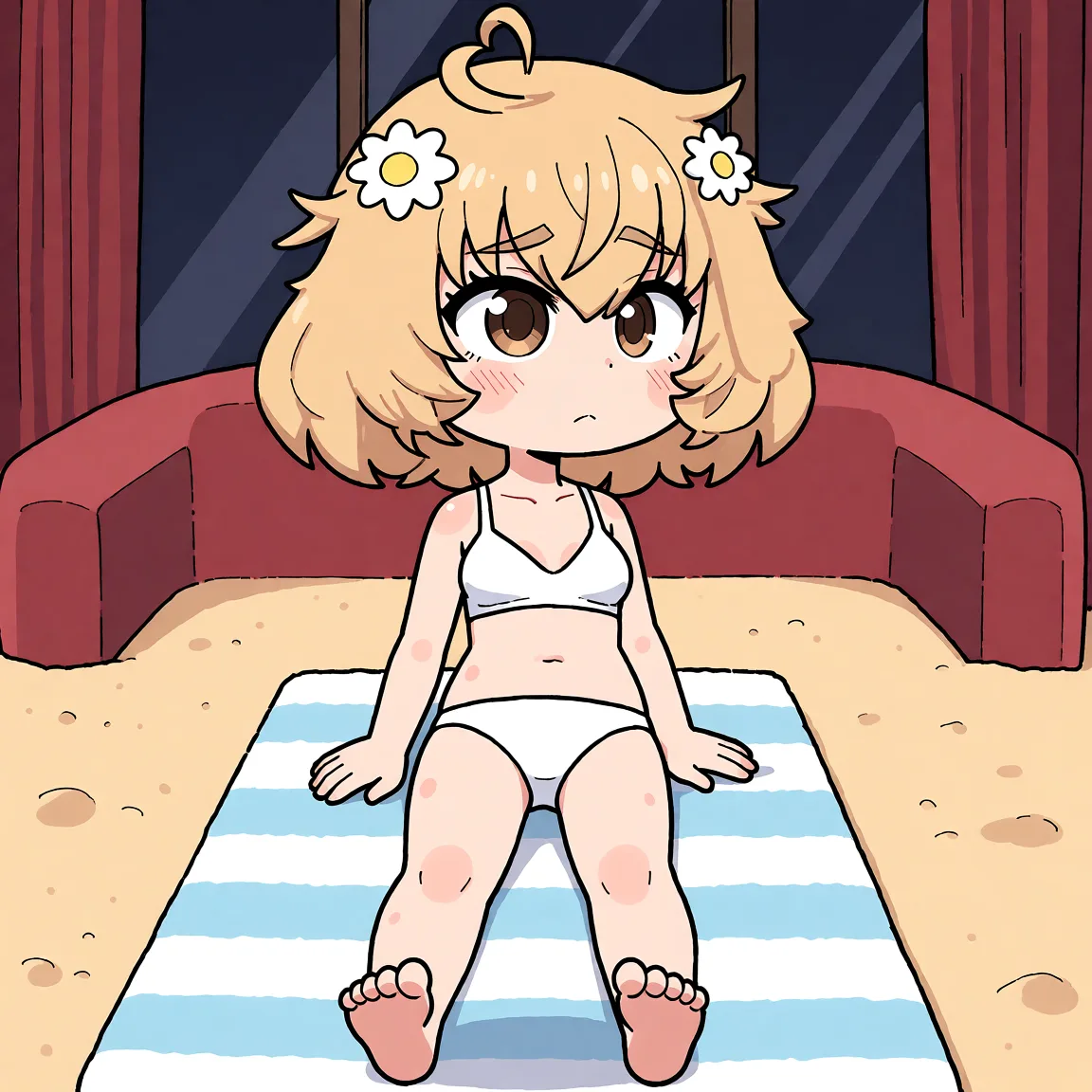 Redraw the entire picture as a hand-drawn anime illustration in flat cel-shaded anime style. It stays the same person with the same face, the same expression, the same hair and the same skin tone, and every other detail of the photograph is kept exactly as it is: nothing is added, removed, moved, uncovered or recoloured. Only the medium changes, and no part of the picture is left photographic. Above all, the picture must show: lounging on a beach towel in a white two-piece.