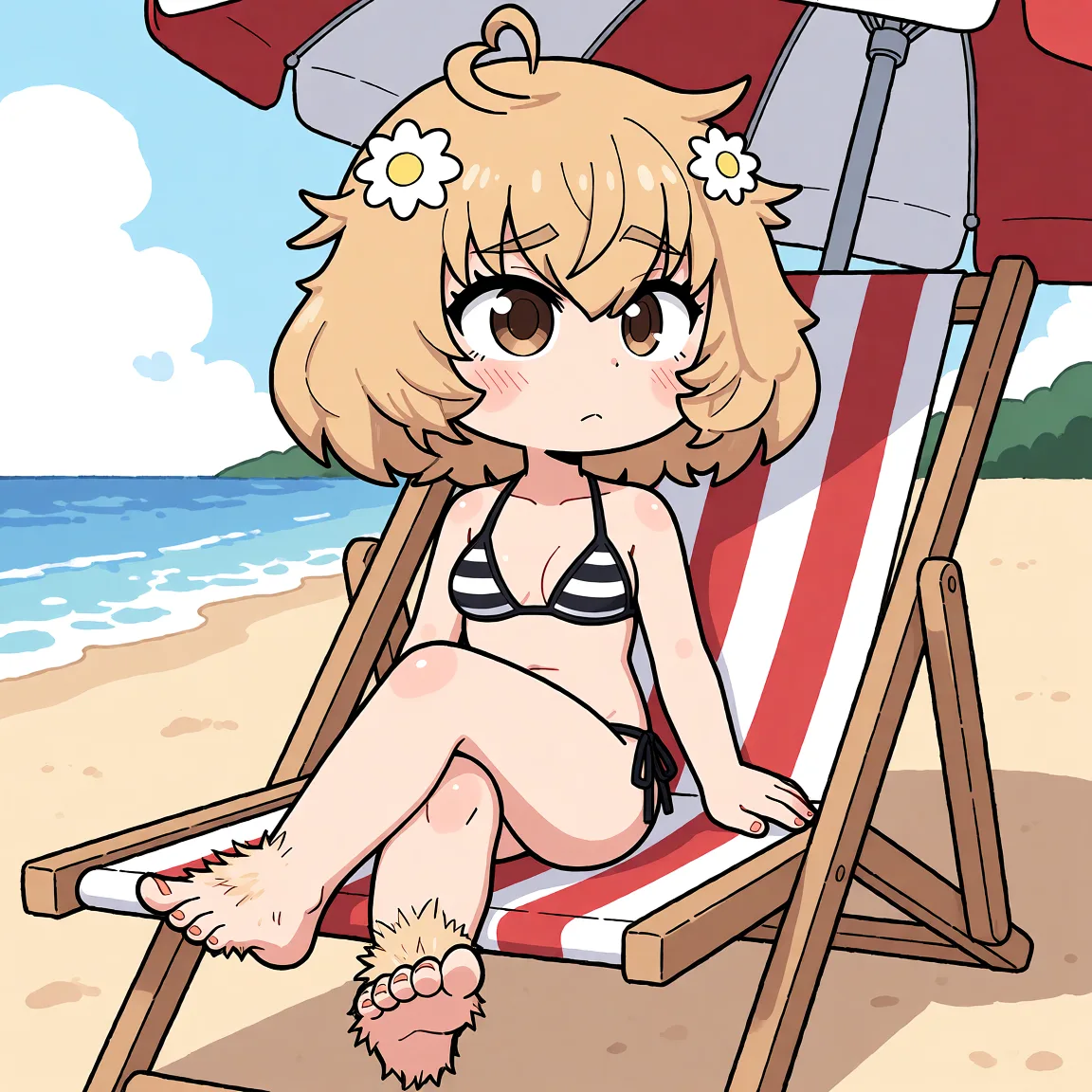 Redraw the entire picture as a hand-drawn anime illustration in flat cel-shaded anime style. It stays the same person with the same face, the same expression, the same hair and the same skin tone, and every other detail of the photograph is kept exactly as it is: nothing is added, removed, moved, uncovered or recoloured. Only the medium changes, and no part of the picture is left photographic. Above all, the picture must show: sitting on a beach chair, wearing a black and white striped bikini, her legs crossed and showing off her furry feet.