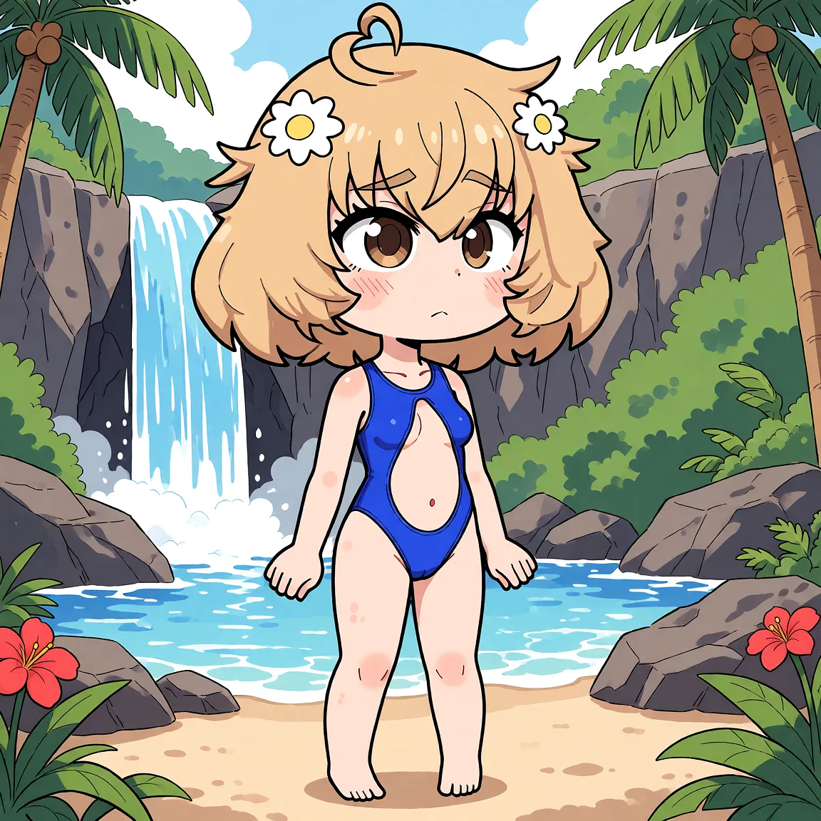 Redraw the entire picture as a hand-drawn anime illustration in flat cel-shaded anime style. It stays the same person with the same face, the same expression, the same hair and the same skin tone, and every other detail of the photograph is kept exactly as it is: nothing is added, removed, moved, uncovered or recoloured. Only the medium changes, and no part of the picture is left photographic. Above all, the picture must show: standing in front of a tropical waterfall, wearing an electric blue monokini that accentuates her small bust.