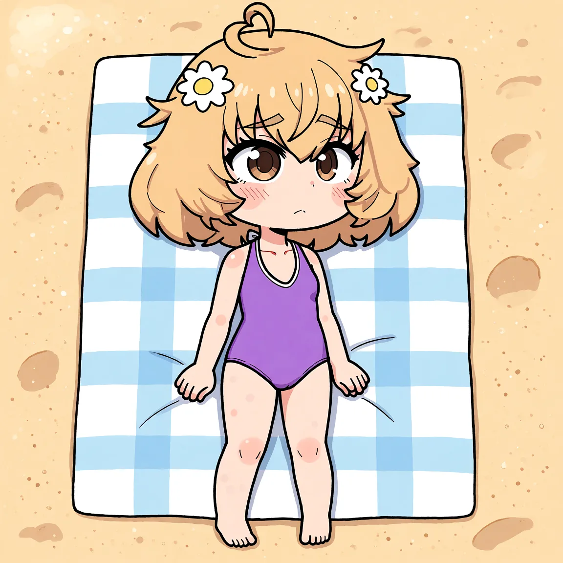 Redraw the entire picture as a hand-drawn anime illustration in flat cel-shaded anime style. It stays the same person with the same face, the same expression, the same hair and the same skin tone, and every other detail of the photograph is kept exactly as it is: nothing is added, removed, moved, uncovered or recoloured. Only the medium changes, and no part of the picture is left photographic. Above all, the picture must show: lying on a beach blanket in a purple halter-neck swimsuit.