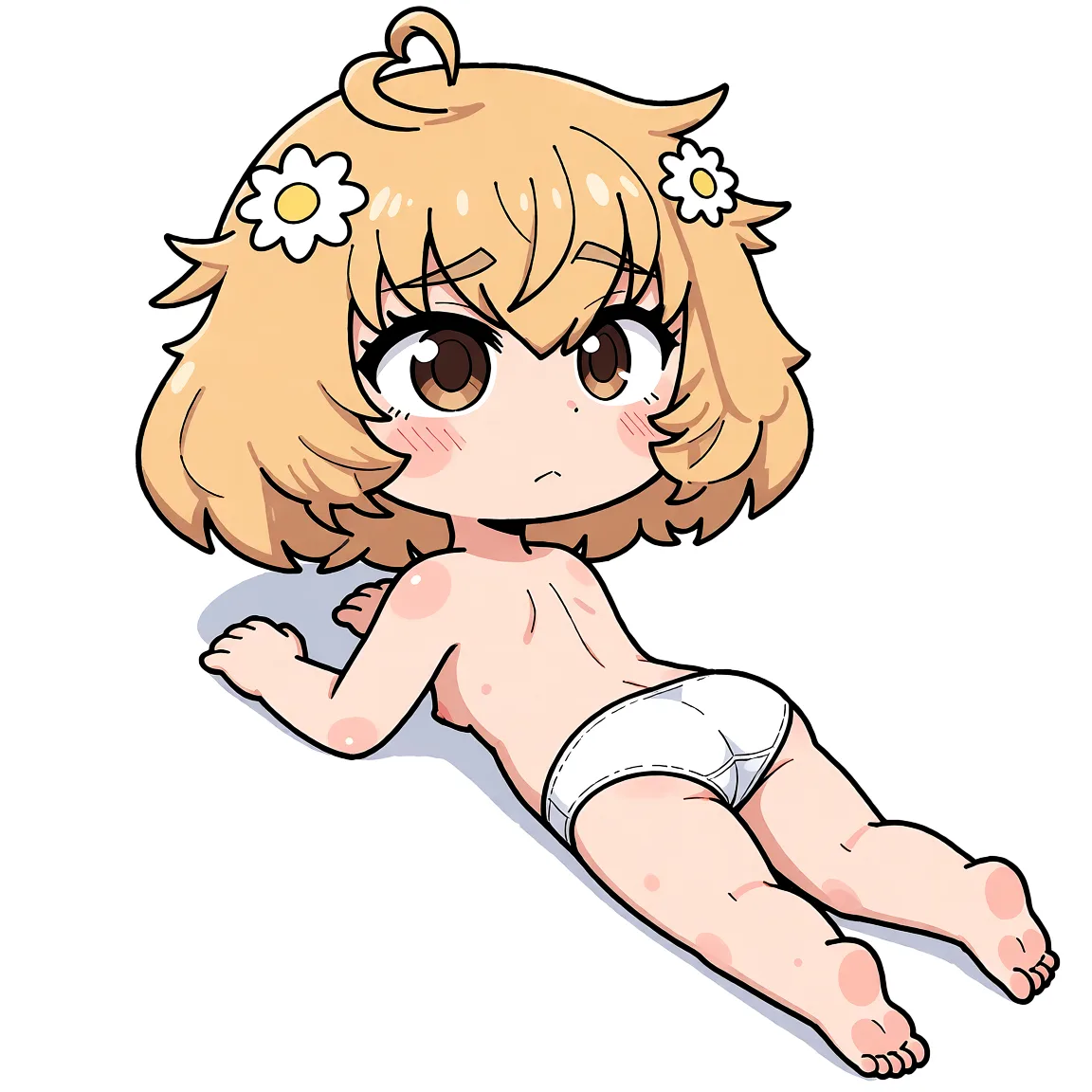 Redraw the entire picture as a hand-drawn anime illustration in flat cel-shaded anime style. It stays the same person with the same face, the same expression, the same hair and the same skin tone, and every other detail of the photograph is kept exactly as it is: nothing is added, removed, moved, uncovered or recoloured. Only the medium changes, and no part of the picture is left photographic. Above all, the picture must show: lying on her stomach, clad in nothing but a pair of white panties.