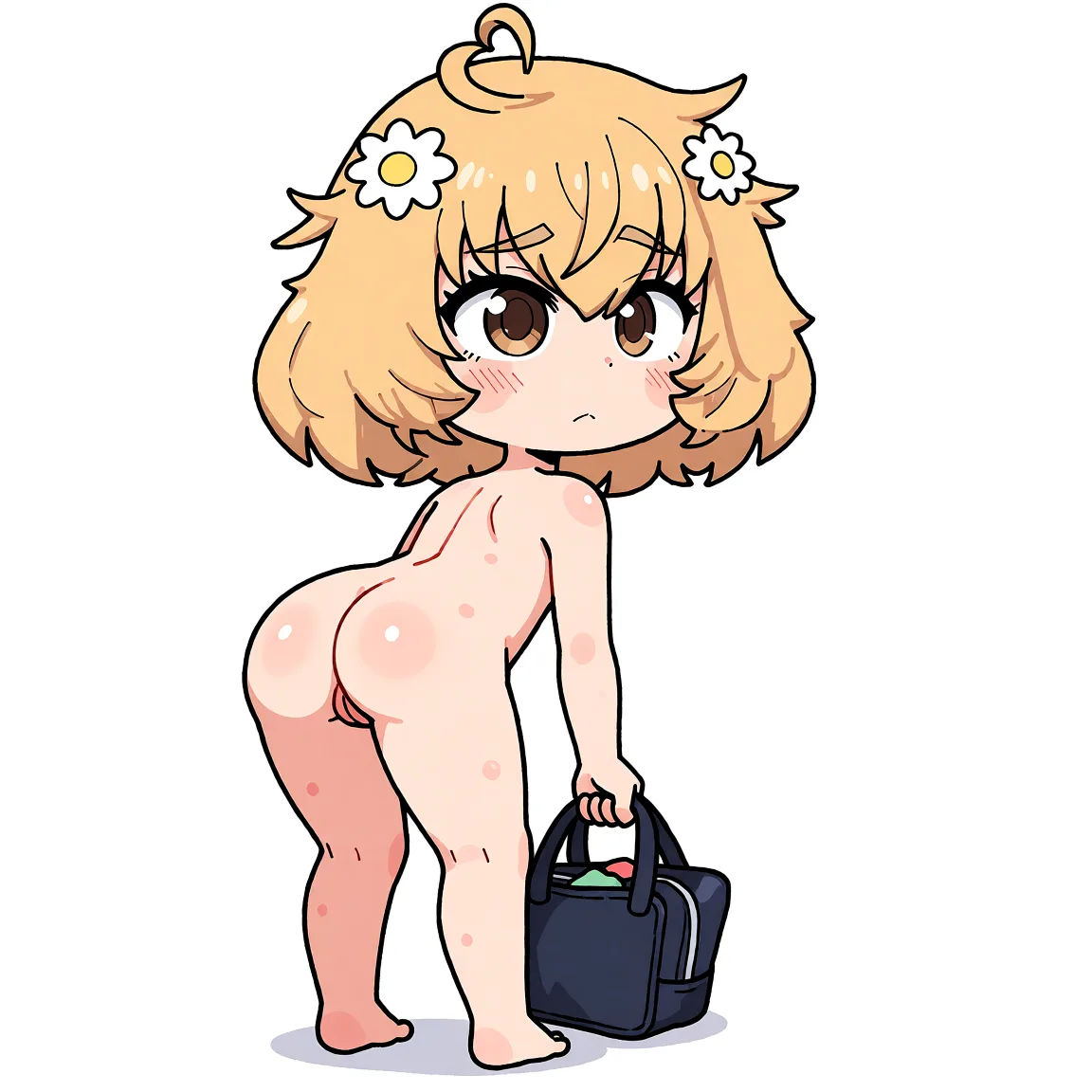 Redraw the entire picture as a hand-drawn anime illustration in flat cel-shaded anime style. It stays the same person with the same face, the same expression, the same hair and the same skin tone, and every other detail of the photograph is kept exactly as it is: nothing is added, removed, moved, uncovered or recoloured. Only the medium changes, and no part of the picture is left photographic. Above all, the picture must show: of her from behind, showcasing her round booty as she bends over to pick up something from the floor.