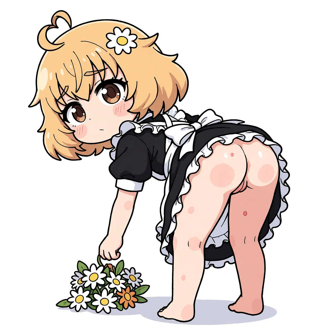 Redraw the entire picture as a hand-drawn anime illustration in flat cel-shaded anime style. It stays the same person with the same face, the same expression, the same hair and the same skin tone, and every other detail of the photograph is kept exactly as it is: nothing is added, removed, moved, uncovered or recoloured. Only the medium changes, and no part of the picture is left photographic. Above all, the picture must show: from behind as she bends over to pick something up off the floor. The maid dress has lifted up to expose most of her buttocks and upper thigh area while she's facing_away.