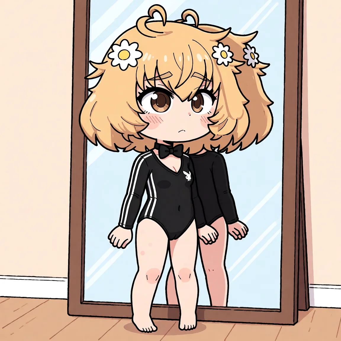Redraw the entire picture as a hand-drawn anime illustration in flat cel-shaded anime style. It stays the same person with the same face, the same expression, the same hair and the same skin tone, and every other detail of the photograph is kept exactly as it is: nothing is added, removed, moved, uncovered or recoloured. Only the medium changes, and no part of the picture is left photographic. Above all, the picture must show: A full-body shot of her standing in front of a mirror, showcasing the Playboy outfit - tight-fitting black bodysuit with white stripes and a matching bow tie.