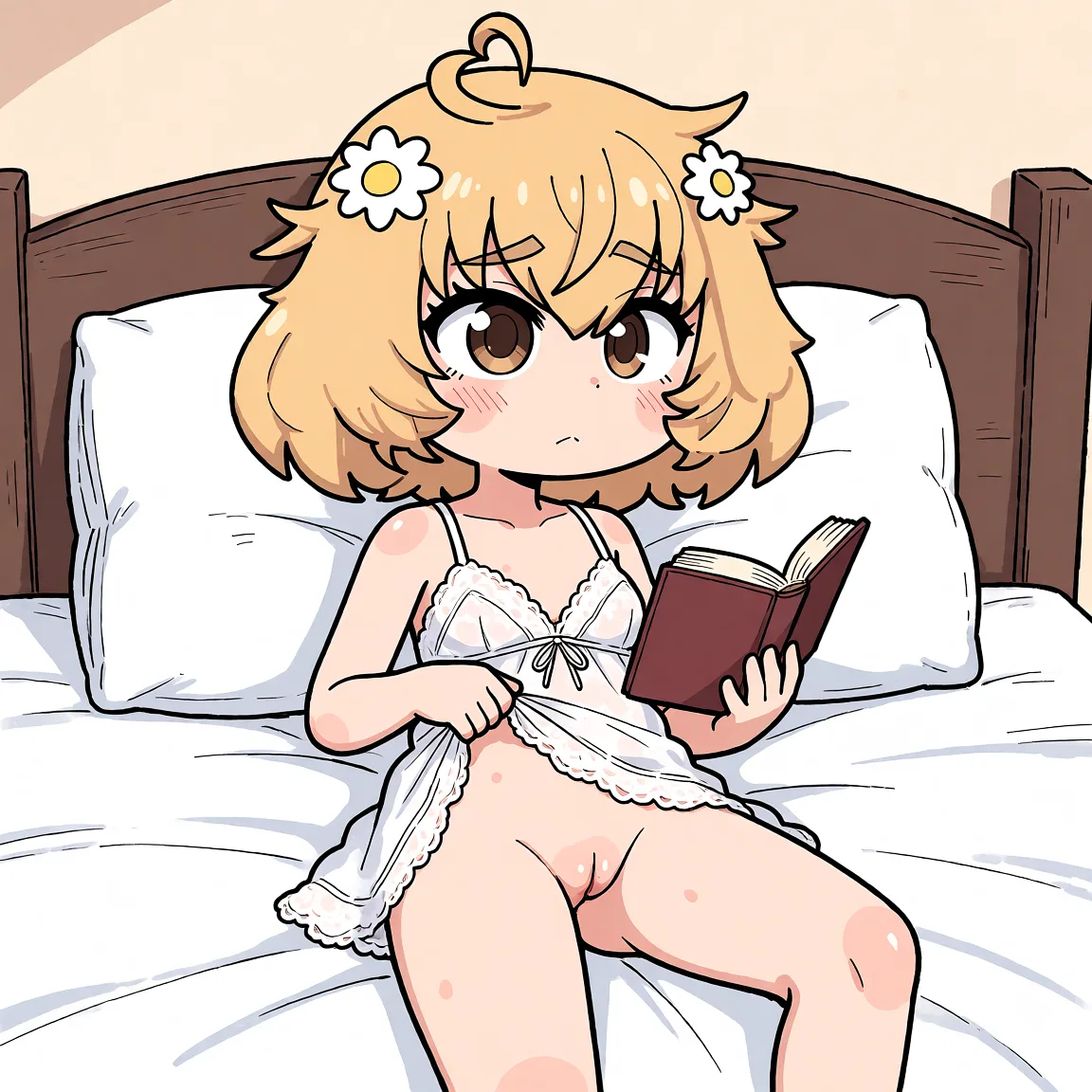 Redraw the entire picture as a hand-drawn anime illustration in flat cel-shaded anime style. It stays the same person with the same face, the same expression, the same hair and the same skin tone, and every other detail of the photograph is kept exactly as it is: nothing is added, removed, moved, uncovered or recoloured. Only the medium changes, and no part of the picture is left photographic. Above all, the picture must show: lounging on her bed, wearing a lacy white chemise that barely covers her breasts. She's propped up on her elbows, with one hand playing with the delicate fabric and the other holding a book. Her legs are slightly parted, showcasing her smooth thighs.