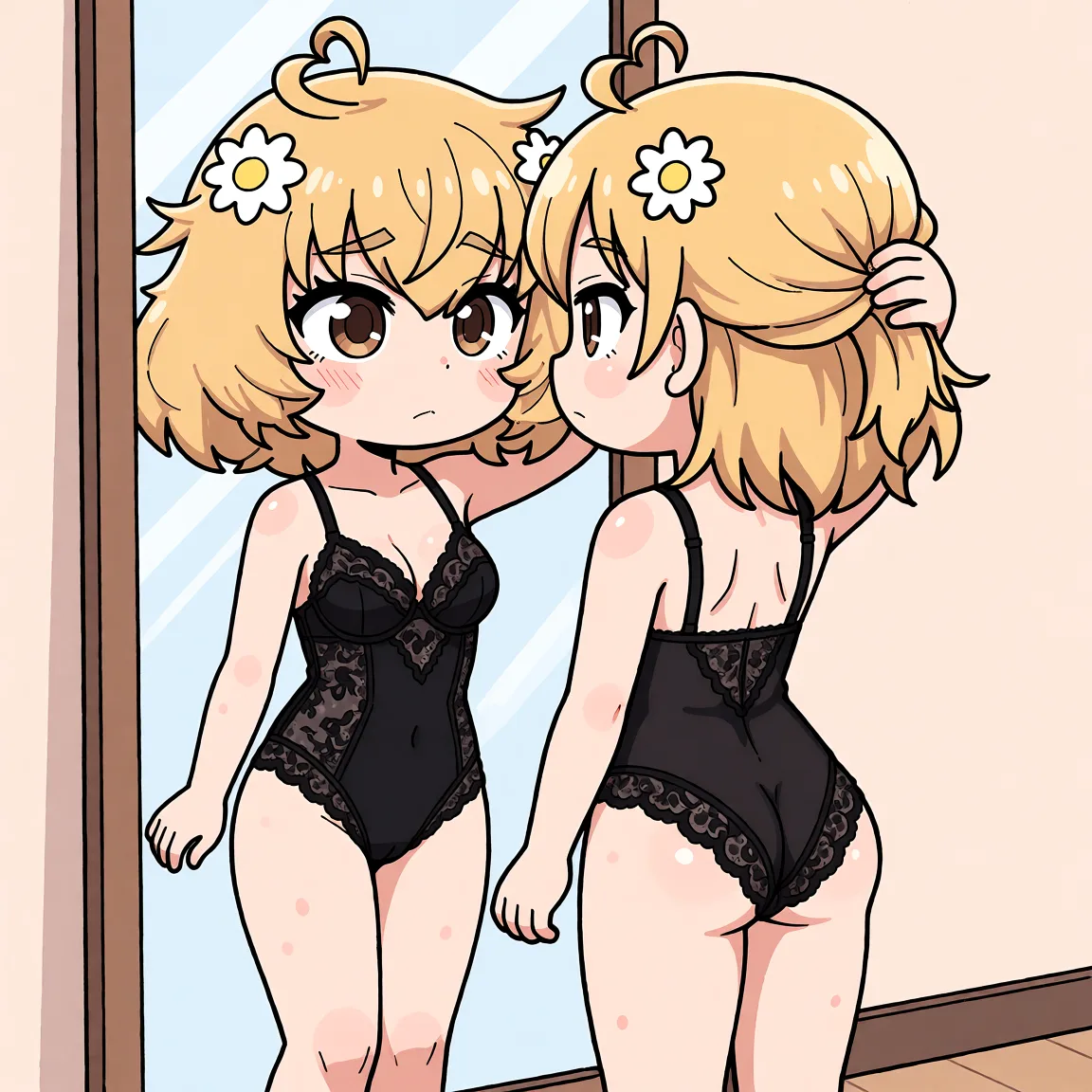 Redraw the entire picture as a hand-drawn anime illustration in flat cel-shaded anime style. It stays the same person with the same face, the same expression, the same hair and the same skin tone, and every other detail of the photograph is kept exactly as it is: nothing is added, removed, moved, uncovered or recoloured. Only the medium changes, and no part of the picture is left photographic. Above all, the picture must show: of here standing in front of a mirror, wearing a black lace teddy that accentuates her curves. She's posing in front of the mirror, running her fingers through her hair as she gazes at herself seductively.