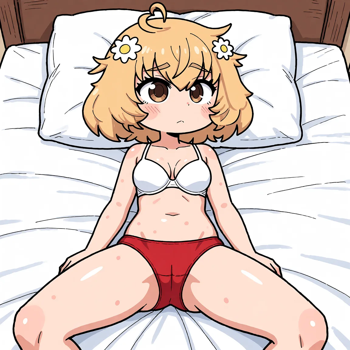 Redraw the entire picture as a hand-drawn anime illustration in flat cel-shaded anime style. It stays the same person with the same face, the same expression, the same hair and the same skin tone, and every other detail of the photograph is kept exactly as it is: nothing is added, removed, moved, uncovered or recoloured. Only the medium changes, and no part of the picture is left photographic. Above all, the picture must show: lying on her back on the bed, wearing a red thong and white push-up bra. Her legs are spread apart, showcasing her toned thighs.