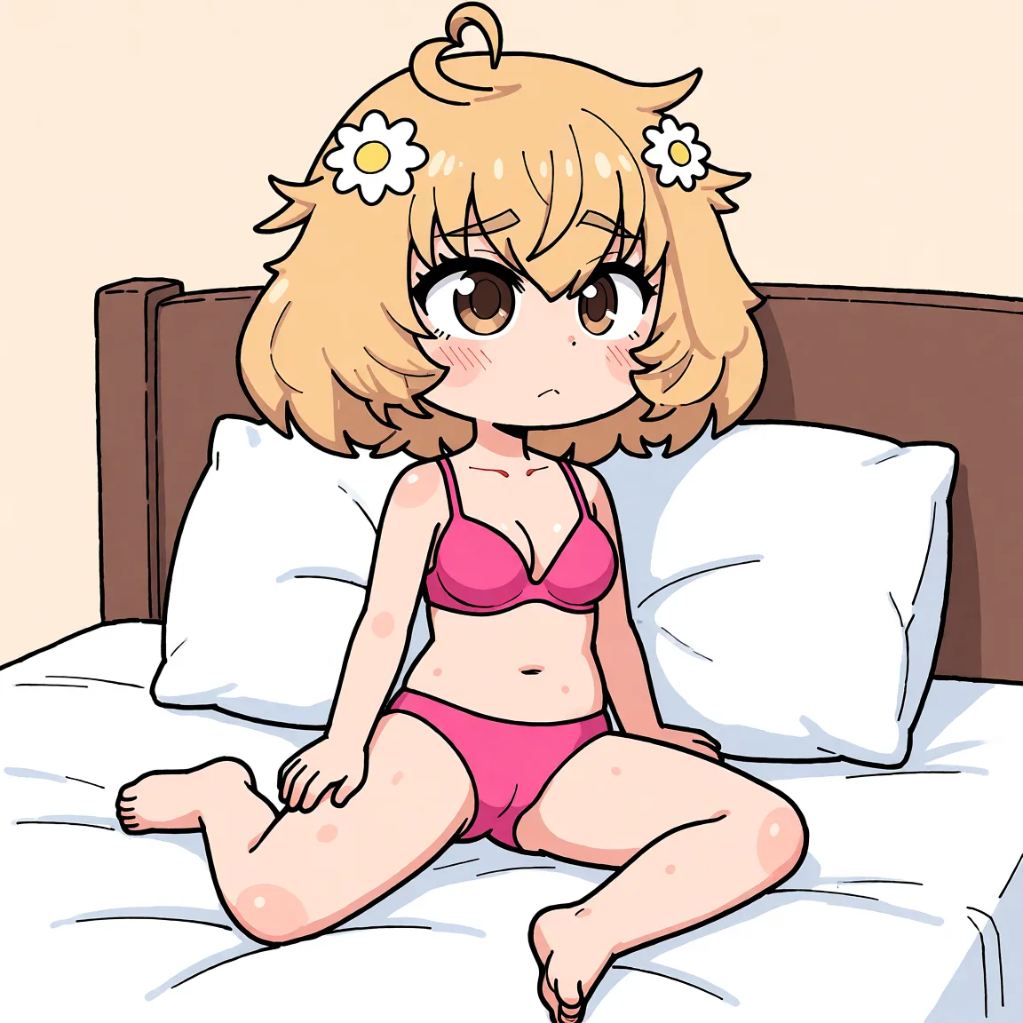 Redraw the entire picture as a hand-drawn anime illustration in flat cel-shaded anime style. It stays the same person with the same face, the same expression, the same hair and the same skin tone, and every other detail of the photograph is kept exactly as it is: nothing is added, removed, moved, uncovered or recoloured. Only the medium changes, and no part of the picture is left photographic. Above all, the picture must show: sitting on her bed, wearing a bright pink thong and a matching push-up bra. She's leaning back against the pillows, legs spread apart, and her hands are resting on her thighs.