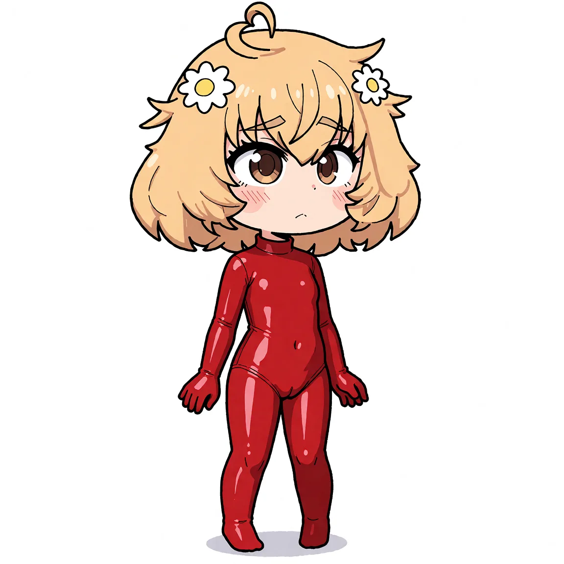 Redraw the entire picture as a hand-drawn anime illustration in flat cel-shaded anime style. It stays the same person with the same face, the same expression, the same hair and the same skin tone, and every other detail of the photograph is kept exactly as it is: nothing is added, removed, moved, uncovered or recoloured. Only the medium changes, and no part of the picture is left photographic. Above all, the picture must show: donning a red latex bodysuit that hugs every curve of her petite bodysuit.