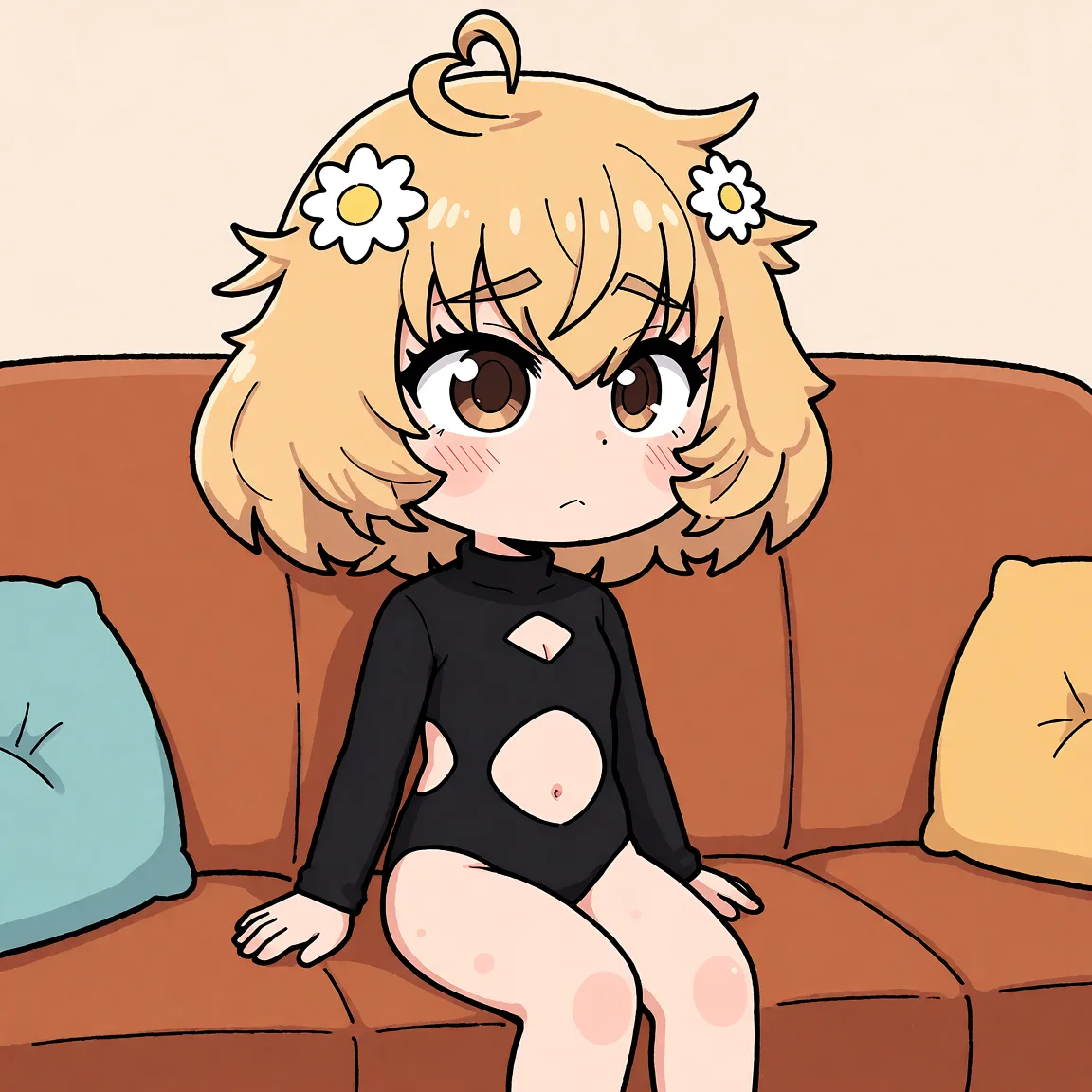 Redraw the entire picture as a hand-drawn anime illustration in flat cel-shaded anime style. It stays the same person with the same face, the same expression, the same hair and the same skin tone, and every other detail of the photograph is kept exactly as it is: nothing is added, removed, moved, uncovered or recoloured. Only the medium changes, and no part of the picture is left photographic. Above all, the picture must show: sitting on the couch, wearing a black bodysuit with cutouts.