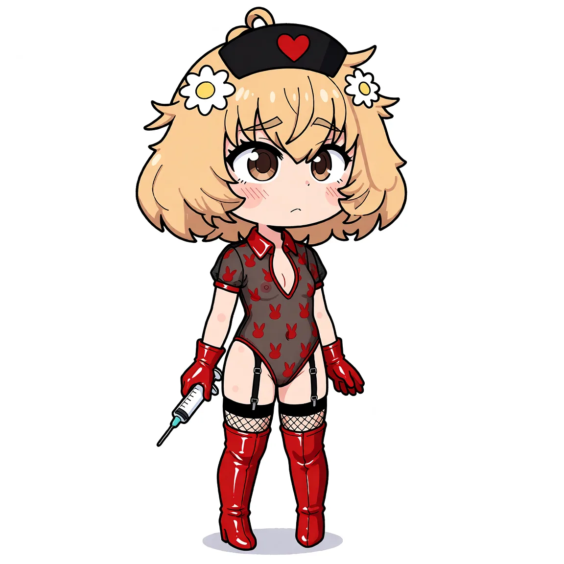Redraw the entire picture as a hand-drawn anime illustration in flat cel-shaded anime style. It stays the same person with the same face, the same expression, the same hair and the same skin tone, and every other detail of the photograph is kept exactly as it is: nothing is added, removed, moved, uncovered or recoloured. Only the medium changes, and no part of the picture is left photographic. Above all, the picture must show: black sheer mesh bodysuit with an allover red bunny-logo print, red vinyl trim, a plunging notched collar, and attached garter straps. It’s styled with a black nurse cap with a red heart, short red vinyl gloves, a toy syringe, fishnet thigh-highs, and glossy red thigh-high boots.