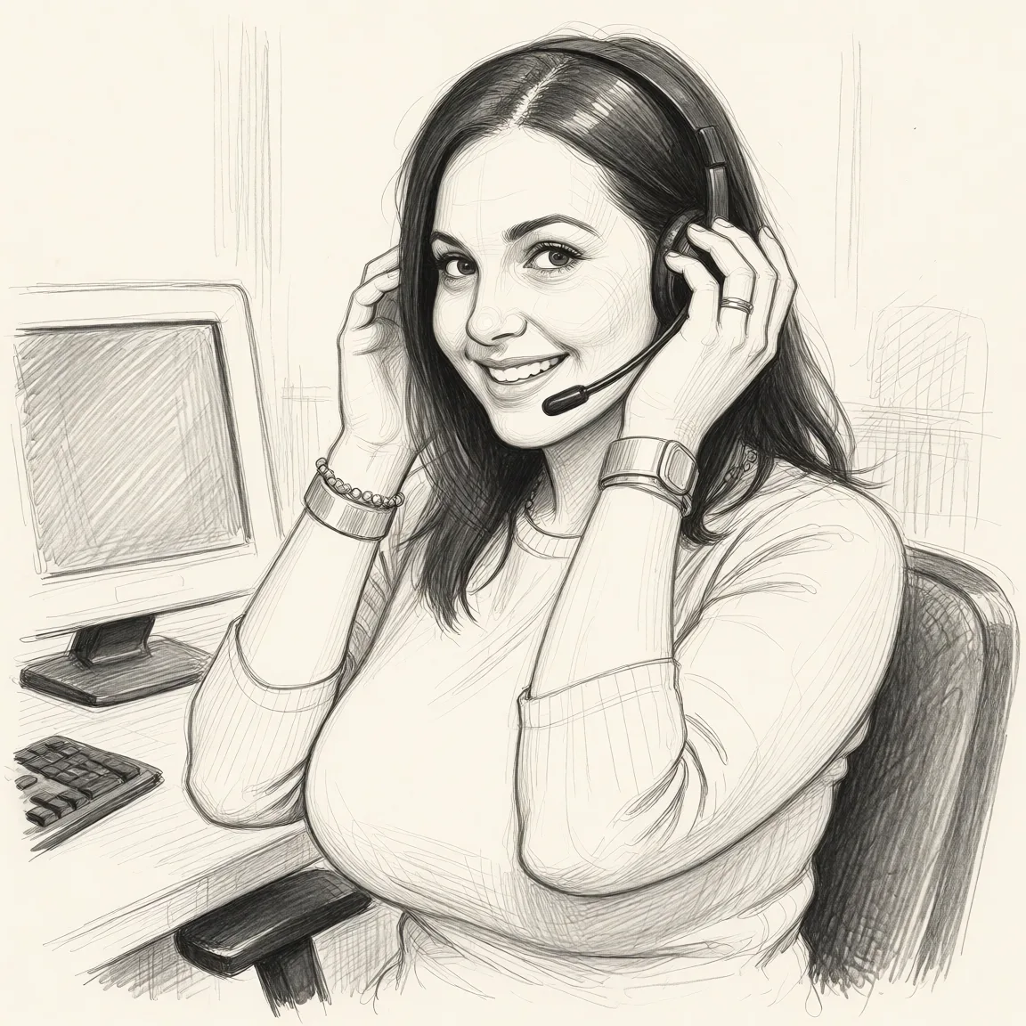 Redraw the entire picture as a hand-drawn graphite sketch on off-white paper: visible pencil strokes, cross-hatched shading, loose construction lines and no colour beyond the grey of the pencil and the tone of the paper. The background is drawn in the same style. Nothing in the frame keeps its photographic appearance. Above all, the picture must show: with big butt, big boobs.