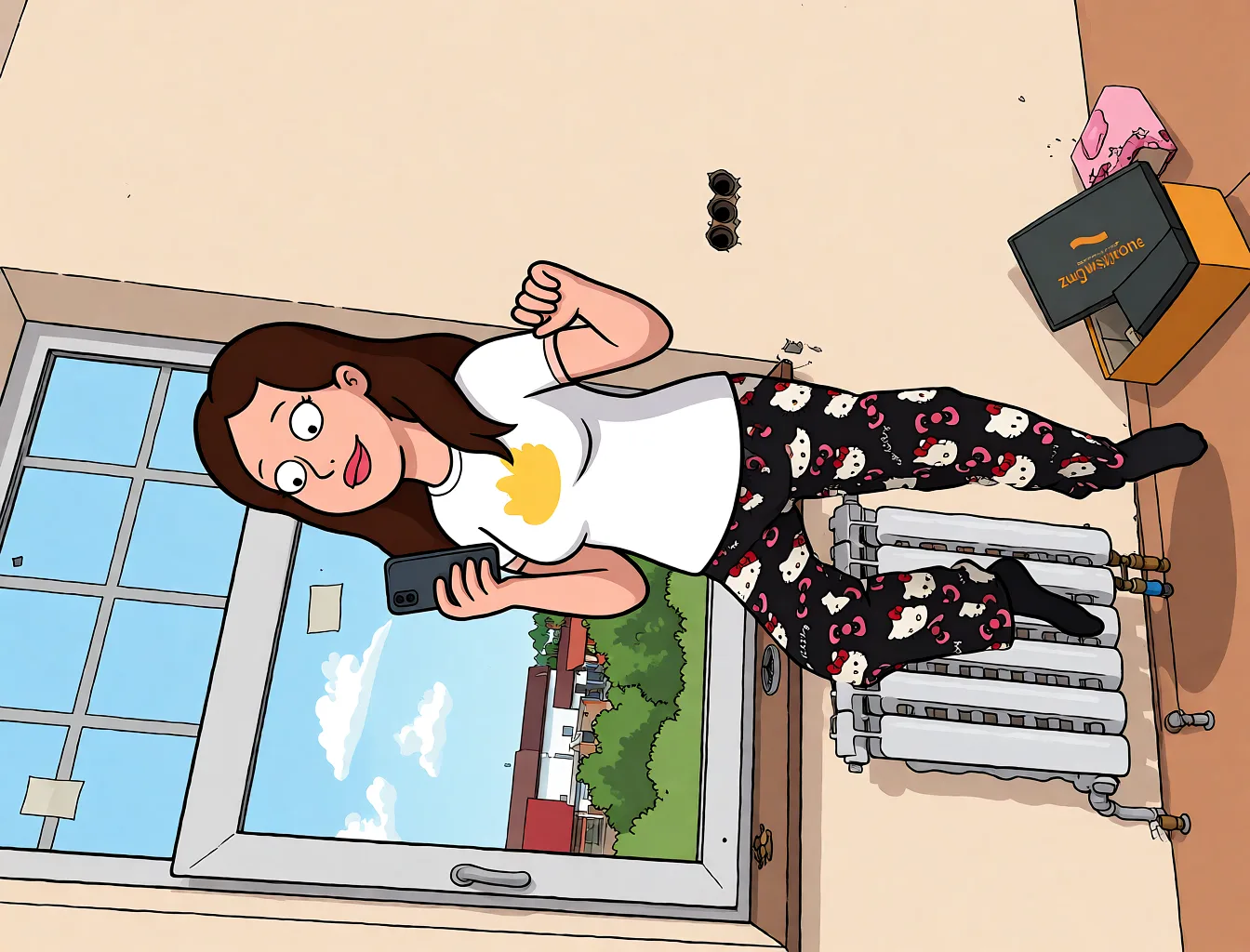 Redraw the entire picture as a western animated cartoon cel: thick even outlines, flat bright blocks of colour, simplified rounded shapes and hard-edged shadows, in the look of a television cartoon rather than of a camera. Keep the woman's adult proportions and adult figure exactly as they are; only the drawing style changes. The background is drawn in the same style. Nothing in the frame keeps its photographic appearance.