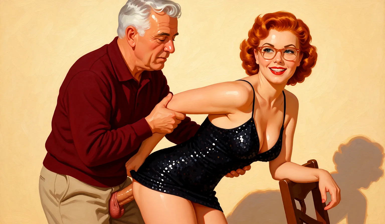 Redraw the entire picture as a retro pin-up illustration: smooth airbrushed gouache paint, warm saturated mid-century colour, clean confident outlines and glamorous stylised features, in the look of a 1950s pin-up poster. The background is painted in the same style. Nothing in the frame keeps its photographic appearance. Above all, the picture must show: Lift dress up over woman's ass. Grasp arms and pull her back into the man's crotch.
