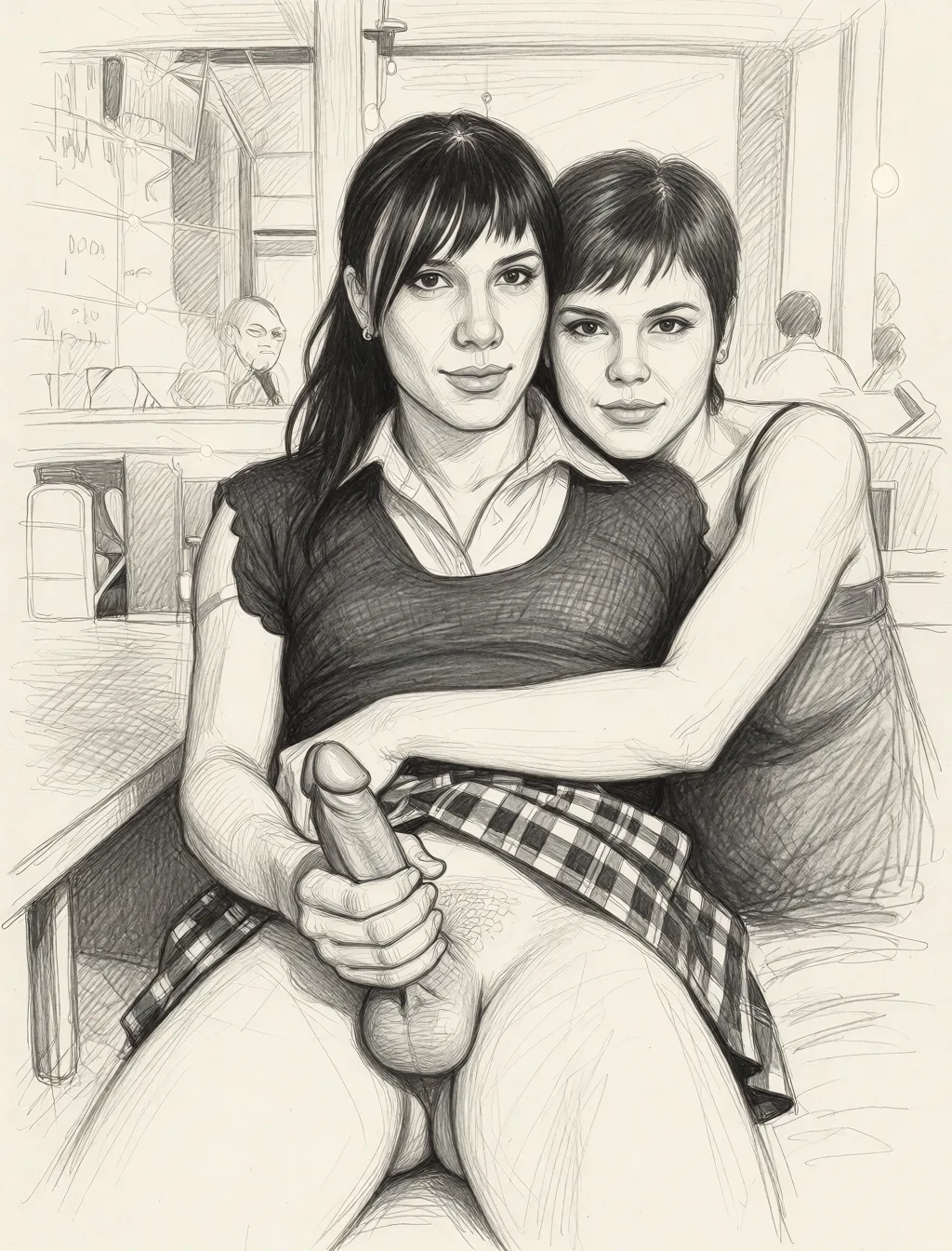 Redraw the entire picture as a hand-drawn graphite sketch on off-white paper: visible pencil strokes, cross-hatched shading, loose construction lines and no colour beyond the grey of the pencil and the tone of the paper. The background is drawn in the same style. Nothing in the frame keeps its photographic appearance. Above all, the picture must show: Ladyboy, he’s gripping his penis with his left hand.