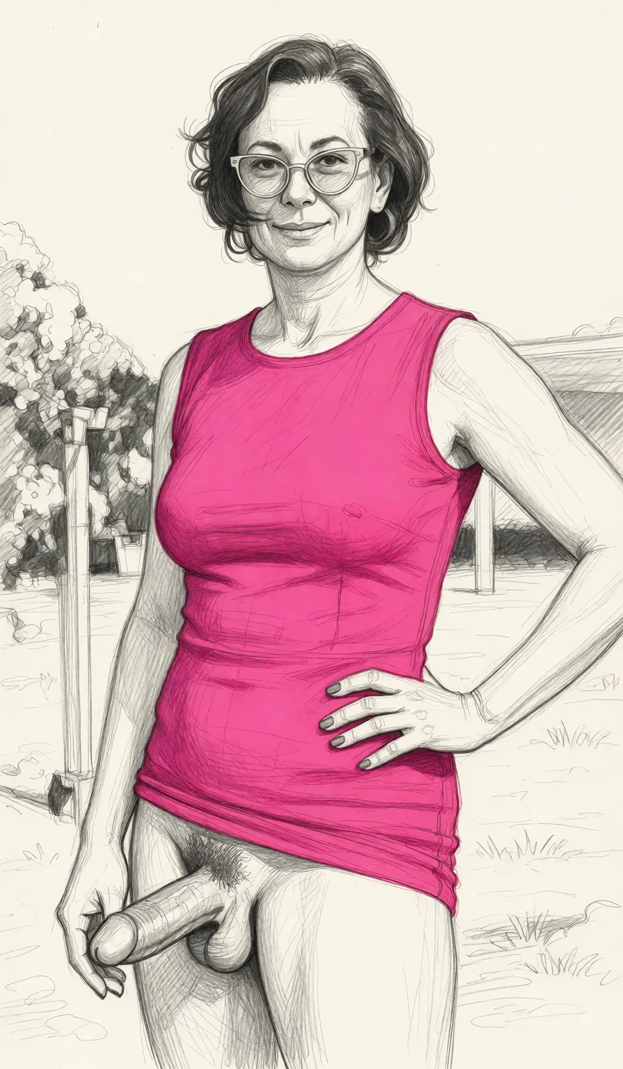 Redraw the entire picture as a hand-drawn graphite sketch on off-white paper: visible pencil strokes, cross-hatched shading, loose construction lines and no colour beyond the grey of the pencil and the tone of the paper. The background is drawn in the same style. Nothing in the frame keeps its photographic appearance. Above all, the picture must show: Ladyboy, he grips his penis with his hand.
