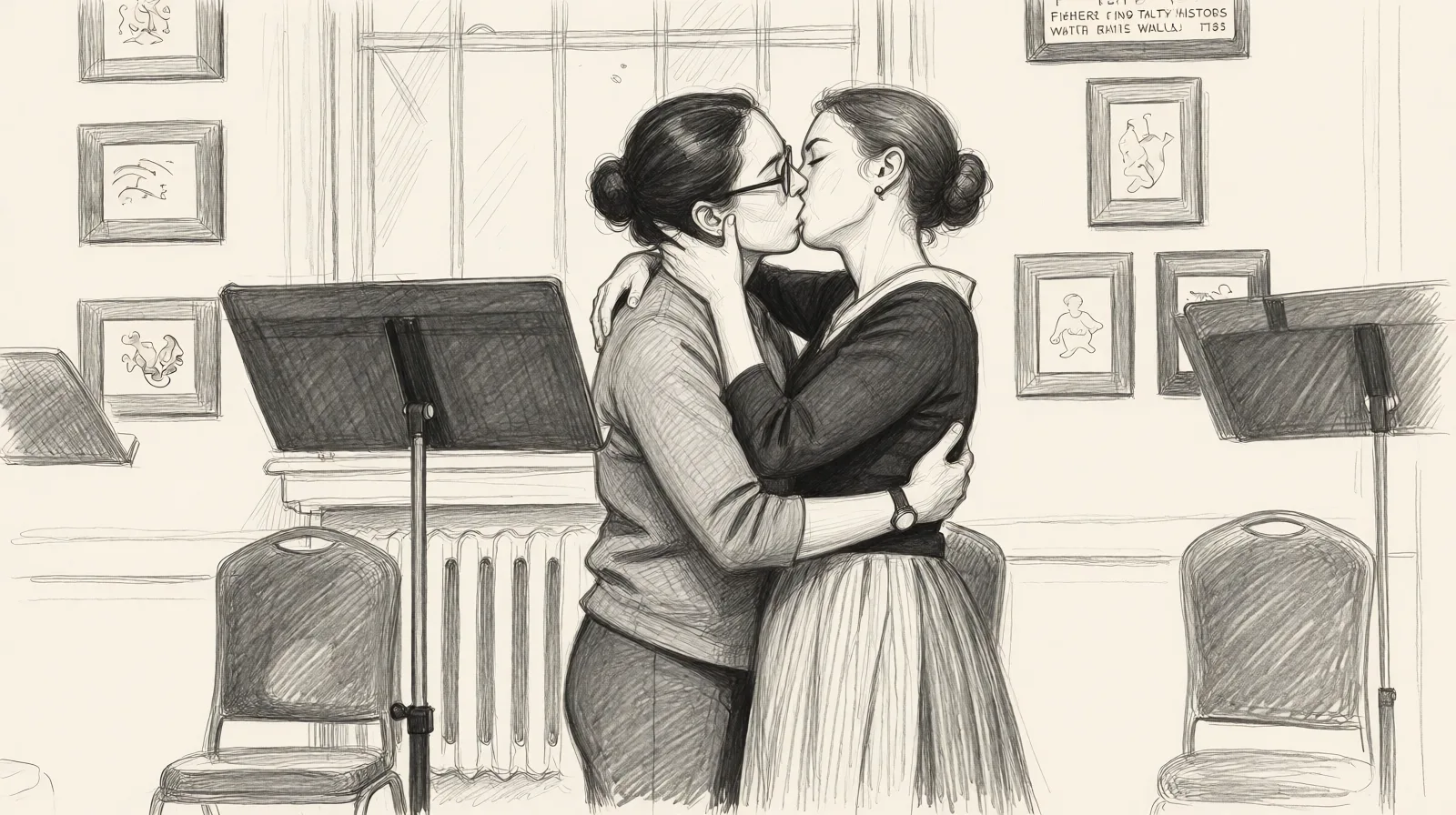 Redraw the entire picture as a hand-drawn graphite sketch on off-white paper: visible pencil strokes, cross-hatched shading, loose construction lines and no colour beyond the grey of the pencil and the tone of the paper. The background is drawn in the same style. Nothing in the frame keeps its photographic appearance. Above all, the picture must show: The two women make out passionately, intertwined in an embrace.