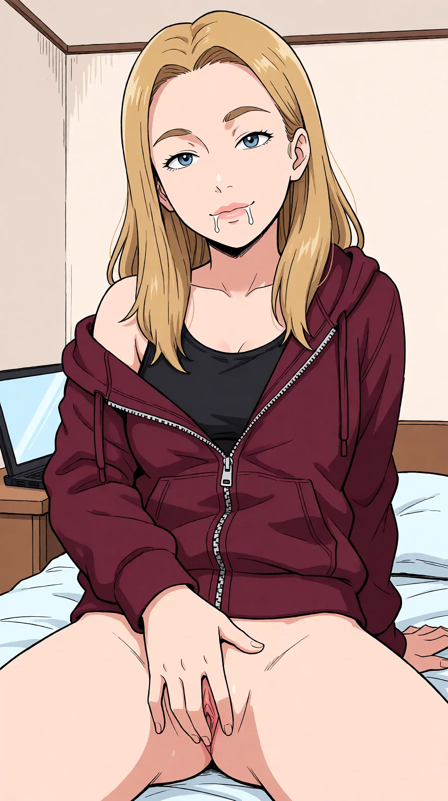 Redraw the entire picture as a hand-drawn anime illustration in flat cel-shaded anime style. It stays the same person with the same face, the same expression, the same hair and the same skin tone, and every other detail of the photograph is kept exactly as it is: nothing is added, removed, moved, uncovered or recoloured. Only the medium changes, and no part of the picture is left photographic. Above all, the picture must show: Make her nude touching her pusssy.