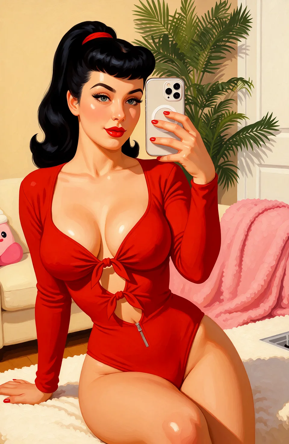 Redraw the entire picture as a retro pin-up illustration: smooth airbrushed gouache paint, warm saturated mid-century colour, clean confident outlines and glamorous stylised features, in the look of a 1950s pin-up poster. The background is painted in the same style. Nothing in the frame keeps its photographic appearance. Above all, the picture must show: make her tits pop out of her swimsuit.