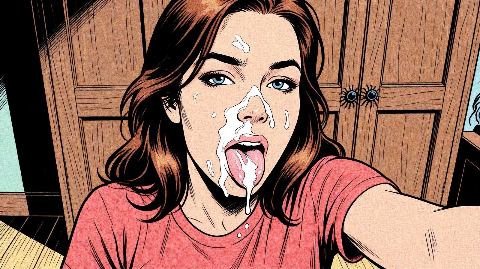 Redraw the entire picture as western comic-book art: heavy black inked outlines, hard-edged cel shading, limited high-contrast colour and visible halftone dot texture. The background is drawn in the same style. Nothing in the frame keeps its photographic appearance. Above all, the picture must show: sexy adult woman is now topless with more cum on her face.