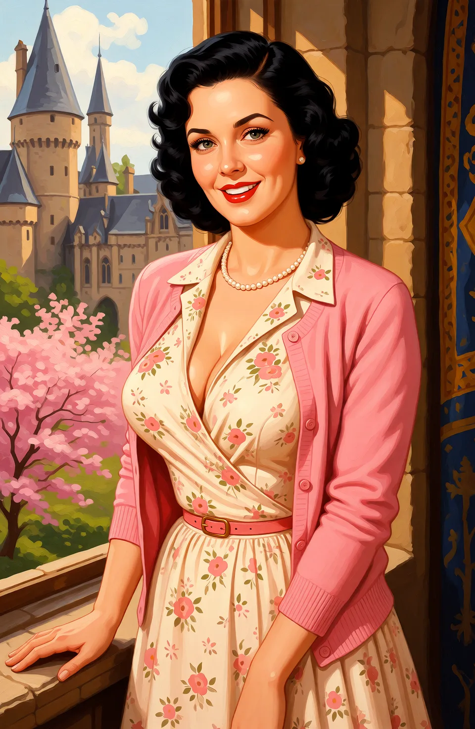 Redraw the entire picture as a retro pin-up illustration: smooth airbrushed gouache paint, warm saturated mid-century colour, clean confident outlines and glamorous stylised features, in the look of a 1950s pin-up poster. The background is painted in the same style. Nothing in the frame keeps its photographic appearance. Above all, the picture must show: Make her busty with cleavage. She's smiling.
