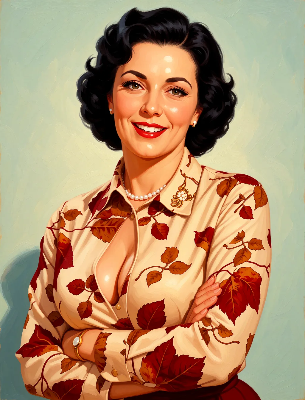 Redraw the entire picture as a retro pin-up illustration: smooth airbrushed gouache paint, warm saturated mid-century colour, clean confident outlines and glamorous stylised features, in the look of a 1950s pin-up poster. The background is painted in the same style. Nothing in the frame keeps its photographic appearance. Above all, the picture must show: Make her busty with cleavage showing. She's smiling.