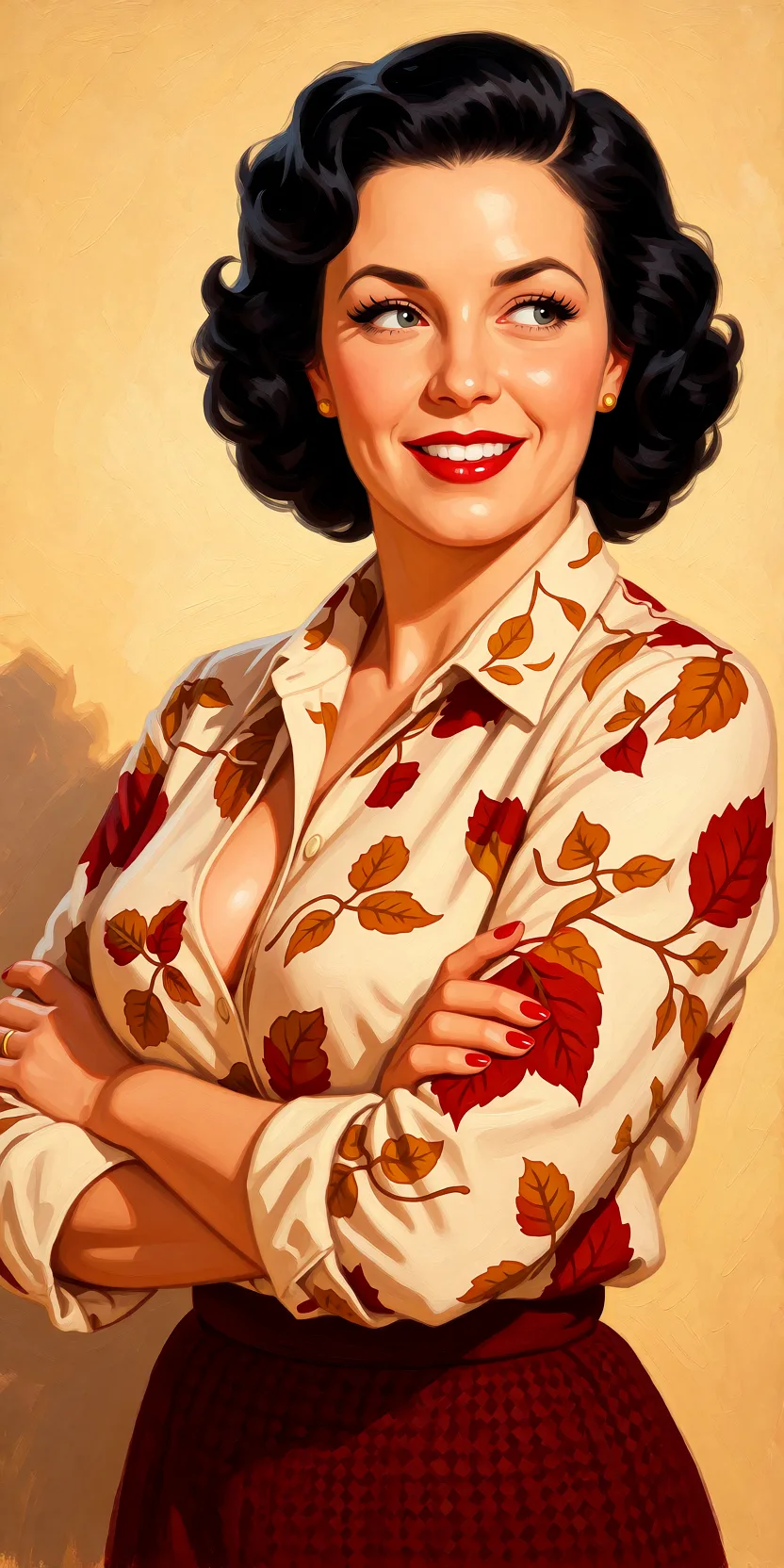 Redraw the entire picture as a retro pin-up illustration: smooth airbrushed gouache paint, warm saturated mid-century colour, clean confident outlines and glamorous stylised features, in the look of a 1950s pin-up poster. The background is painted in the same style. Nothing in the frame keeps its photographic appearance. Above all, the picture must show: Make her busty with some cleavage. She's smiling.