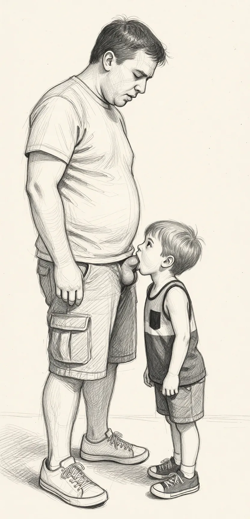 Redraw the entire picture as a hand-drawn graphite sketch on off-white paper: visible pencil strokes, cross-hatched shading, loose construction lines and no colour beyond the grey of the pencil and the tone of the paper. The background is drawn in the same style. Nothing in the frame keeps its photographic appearance. Above all, the picture must show: Little guy is sucking tall guy's penis.