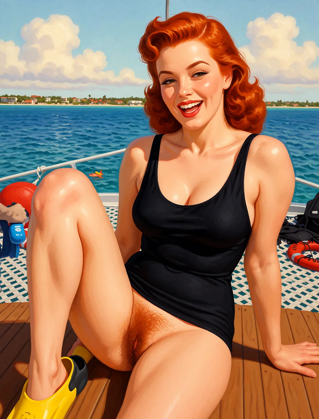 Redraw the entire picture as a retro pin-up illustration: smooth airbrushed gouache paint, warm saturated mid-century colour, clean confident outlines and glamorous stylised features, in the look of a 1950s pin-up poster. The background is painted in the same style. Nothing in the frame keeps its photographic appearance. Above all, the picture must show: naked covered in cum with veryy hairy redhair pussy.