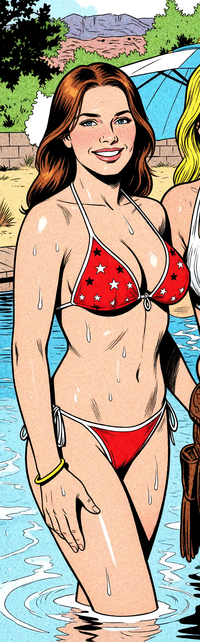 Redraw the entire picture as western comic-book art: heavy black inked outlines, hard-edged cel shading, limited high-contrast colour and visible halftone dot texture. The background is drawn in the same style. Nothing in the frame keeps its photographic appearance. Above all, the picture must show: Naked.