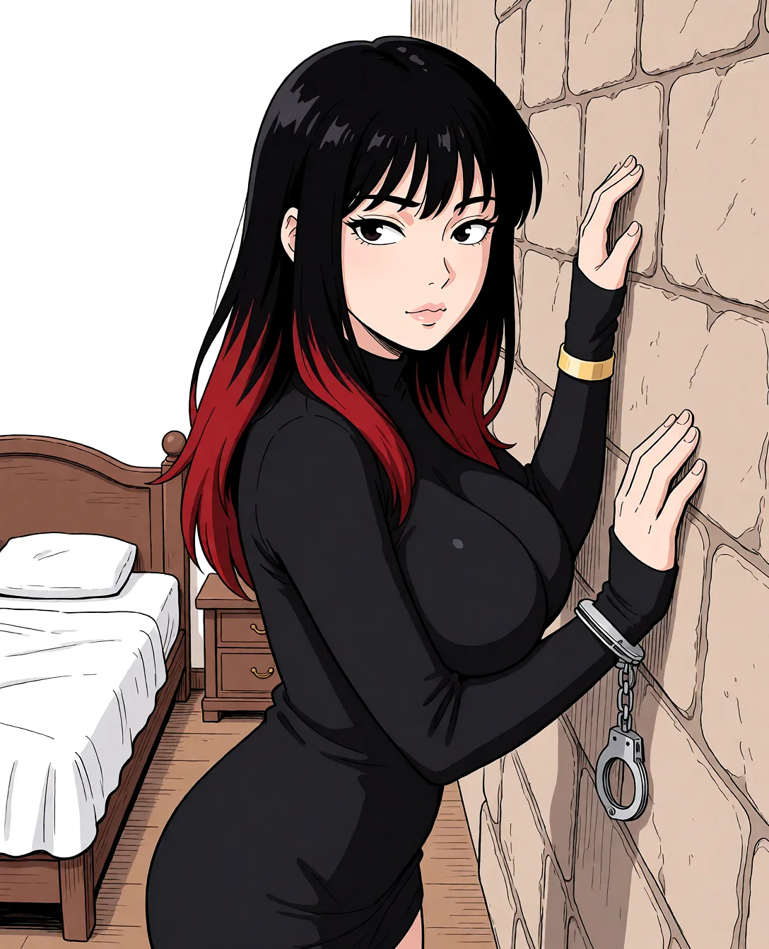 Redraw the entire picture as a hand-drawn anime illustration in flat cel-shaded anime style. It stays the same person with the same face, the same expression, the same hair and the same skin tone, and every other detail of the photograph is kept exactly as it is: nothing is added, removed, moved, uncovered or recoloured. Only the medium changes, and no part of the picture is left photographic. Above all, the picture must show: large_breasts white_background, handcuffs, bedroom.