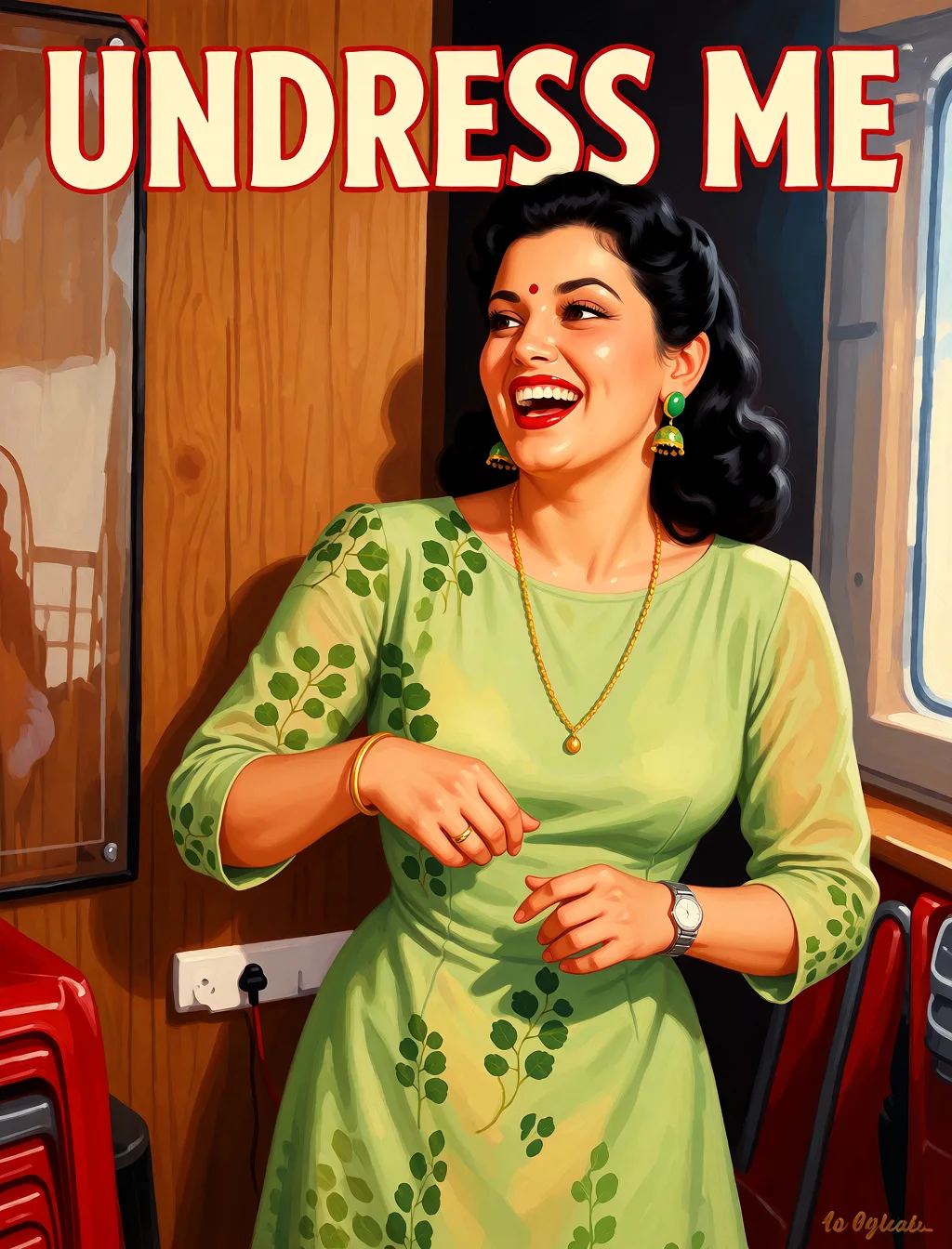 Redraw the entire picture as a retro pin-up illustration: smooth airbrushed gouache paint, warm saturated mid-century colour, clean confident outlines and glamorous stylised features, in the look of a 1950s pin-up poster. The background is painted in the same style. Nothing in the frame keeps its photographic appearance. Above all, the picture must show: UNDRESS ME.