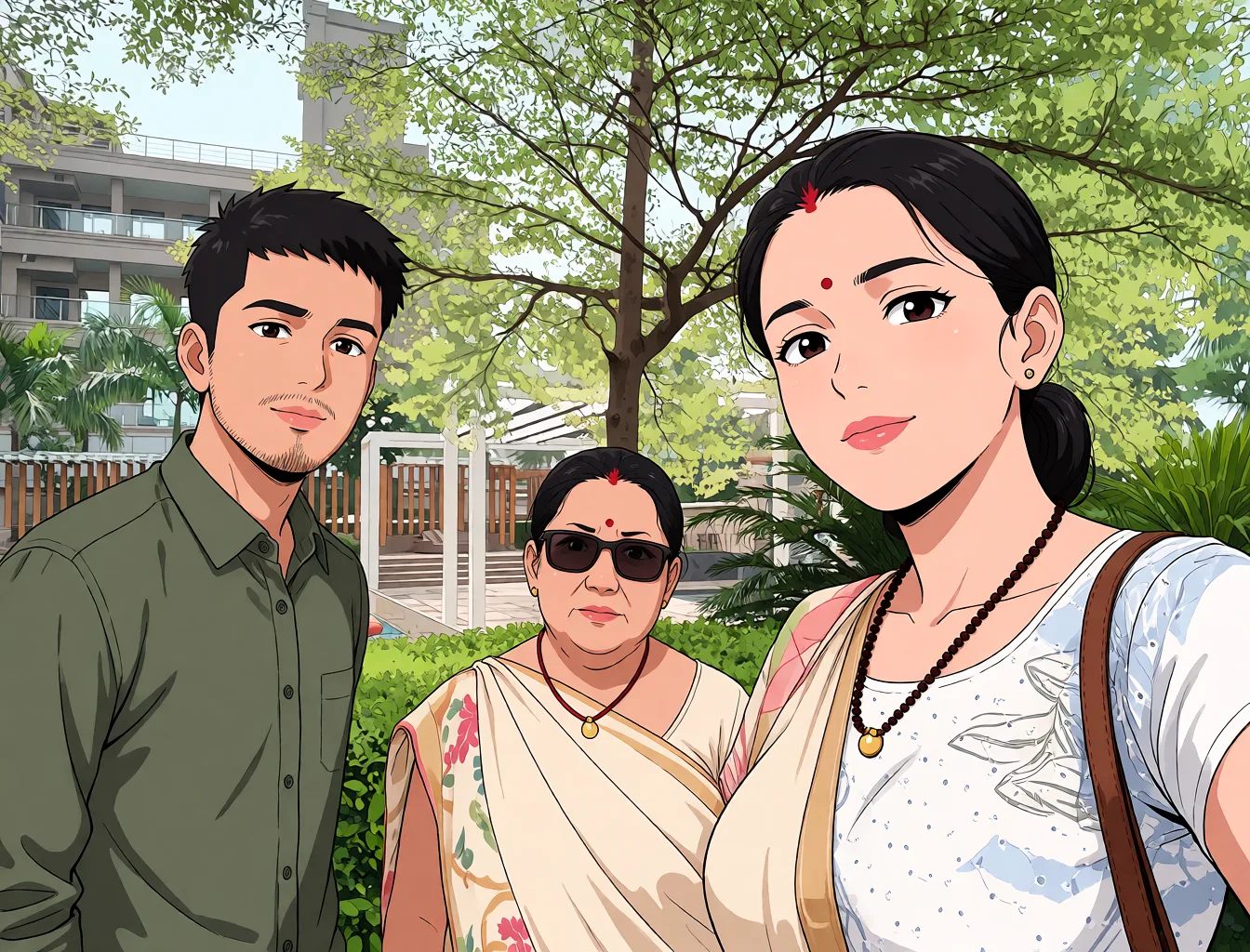 Redraw the entire picture as a hand-drawn anime illustration in flat cel-shaded anime style. It stays the same person with the same face, the same expression, the same hair and the same skin tone, and every other detail of the photograph is kept exactly as it is: nothing is added, removed, moved, uncovered or recoloured. Only the medium changes, and no part of the picture is left photographic. Above all, the picture must show: Take my dick in mouth with big boobs and butts naked_shirt.