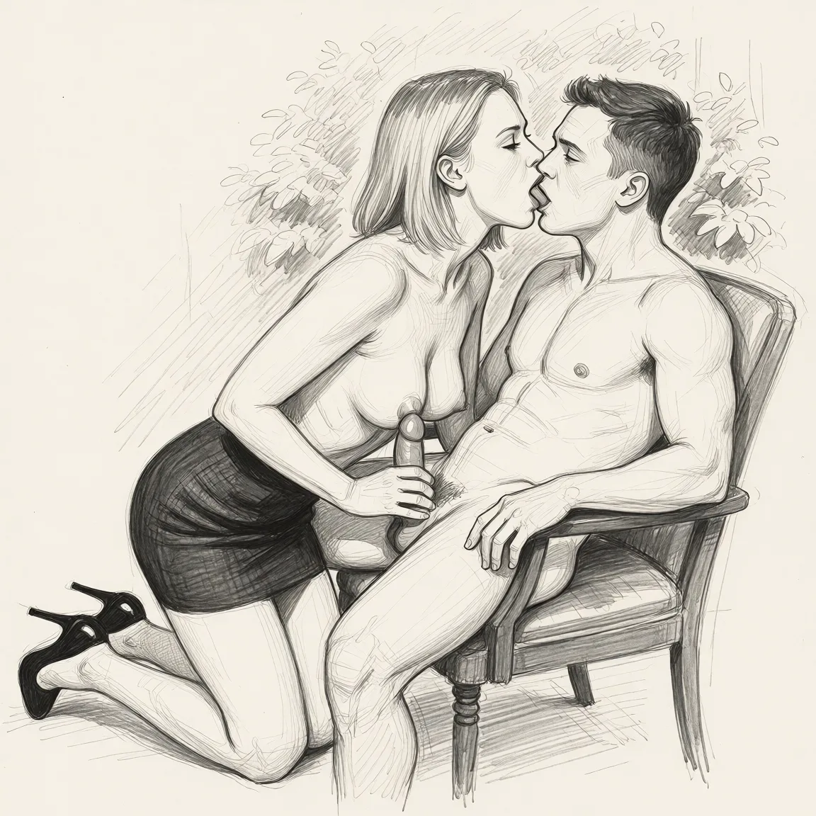 Redraw the entire picture as a hand-drawn graphite sketch on off-white paper: visible pencil strokes, cross-hatched shading, loose construction lines and no colour beyond the grey of the pencil and the tone of the paper. The background is drawn in the same style. Nothing in the frame keeps its photographic appearance. Above all, the picture must show: She is on her knees, naked top, with a black skirt and high heels. She clearly wants to suck the naked guy sitting in a chair in front of her who looks at her full of lust.