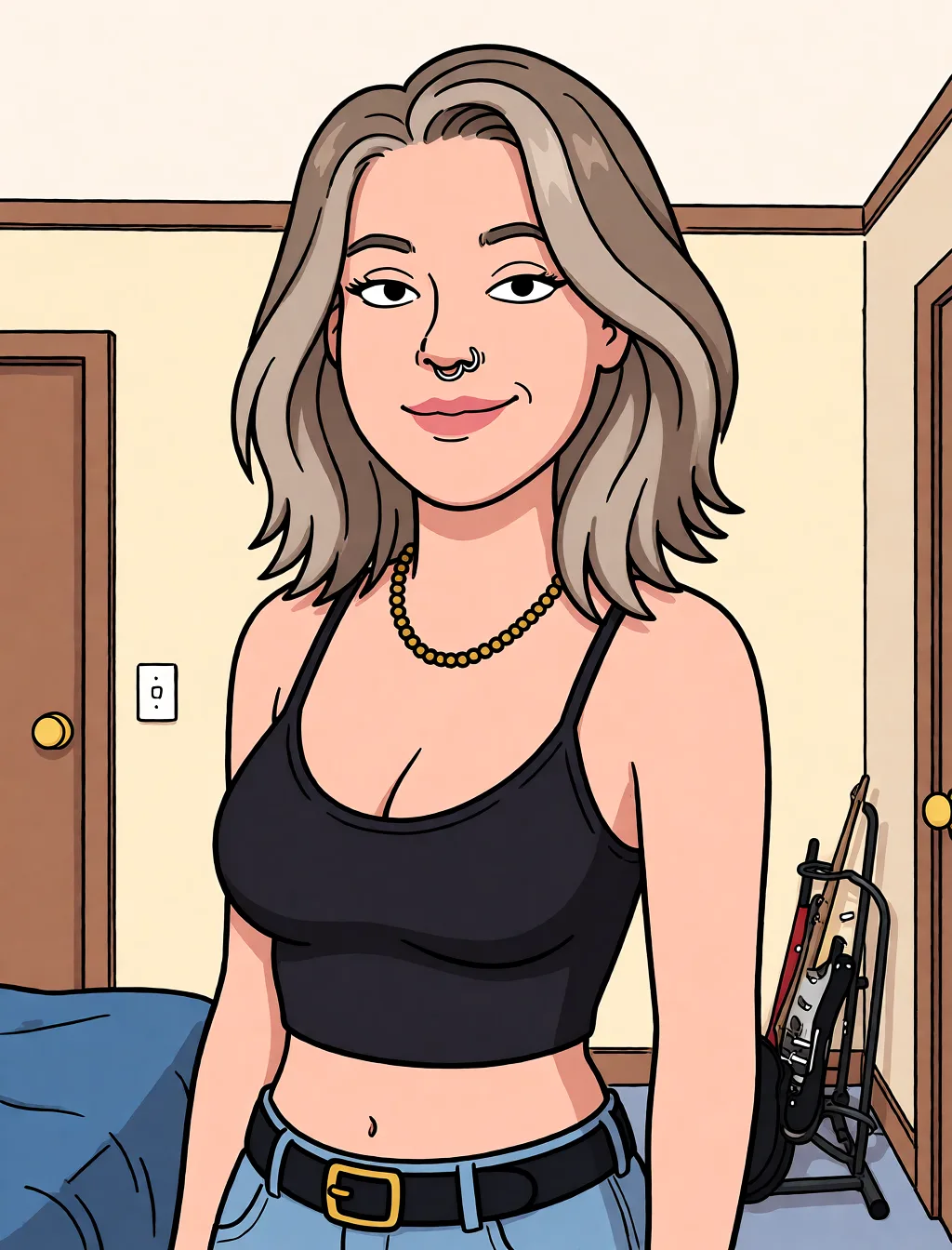 Redraw the entire picture as a western animated cartoon cel: thick even outlines, flat bright blocks of colour, simplified rounded shapes and hard-edged shadows, in the look of a television cartoon rather than of a camera. Keep the woman's adult proportions and adult figure exactly as they are; only the drawing style changes. The background is drawn in the same style. Nothing in the frame keeps its photographic appearance. Above all, the picture must show: Ass focus facing camera.