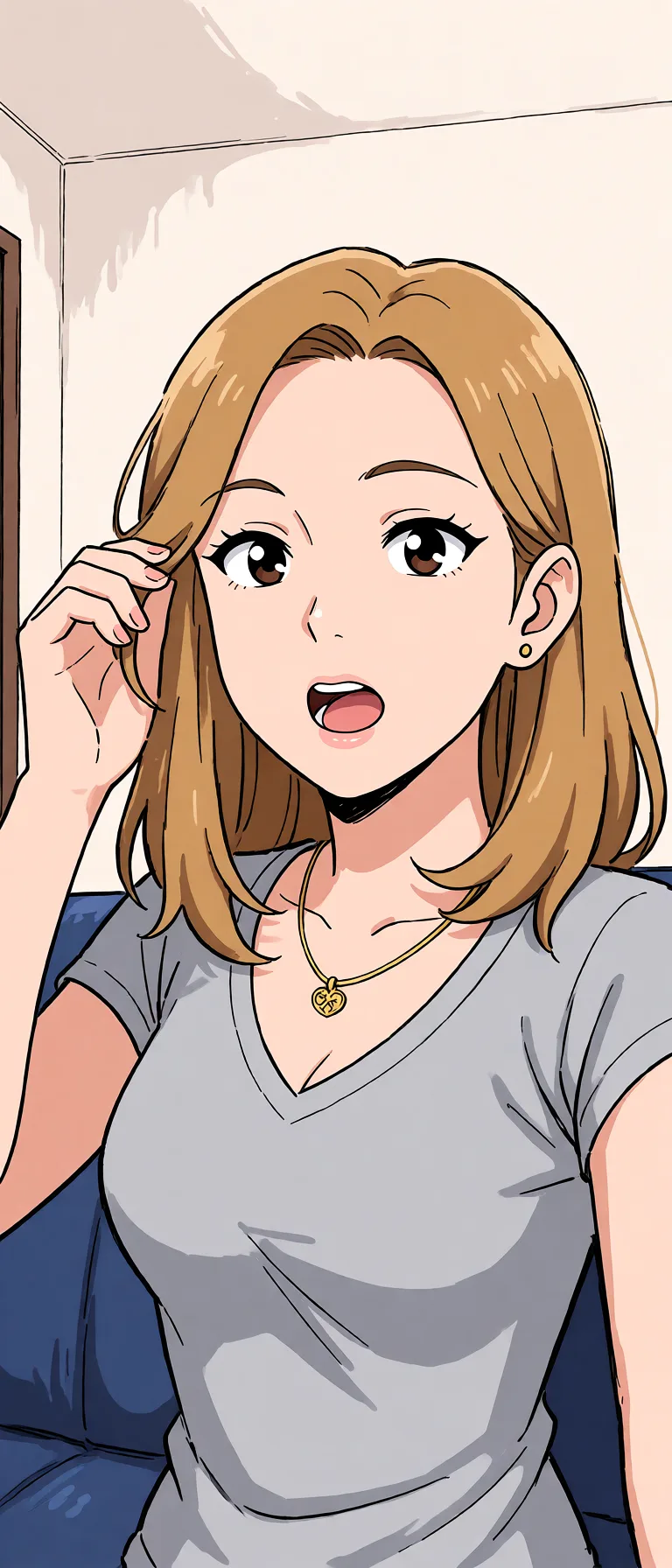 Redraw the entire picture as a hand-drawn anime illustration in flat cel-shaded anime style. It stays the same person with the same face, the same expression, the same hair and the same skin tone, and every other detail of the photograph is kept exactly as it is: nothing is added, removed, moved, uncovered or recoloured. Only the medium changes, and no part of the picture is left photographic. Above all, the picture must show: naked_shirt.