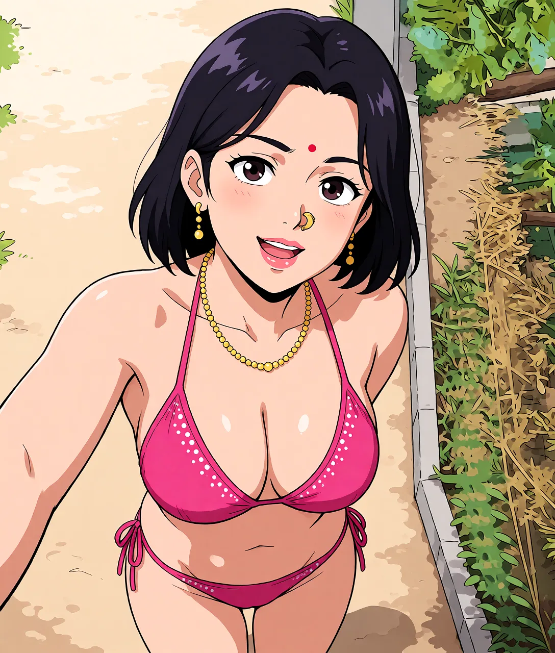 Redraw the entire picture as a hand-drawn anime illustration in flat cel-shaded anime style. It stays the same person with the same face, the same expression, the same hair and the same skin tone, and every other detail of the photograph is kept exactly as it is: nothing is added, removed, moved, uncovered or recoloured. Only the medium changes, and no part of the picture is left photographic. Above all, the picture must show: bikini.