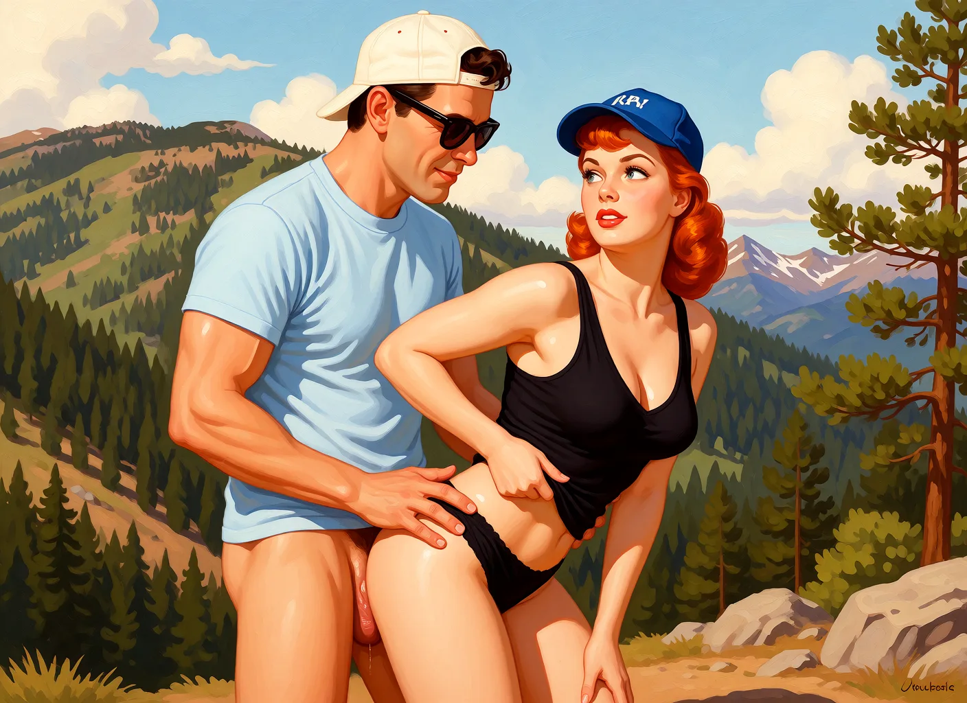 Redraw the entire picture as a retro pin-up illustration: smooth airbrushed gouache paint, warm saturated mid-century colour, clean confident outlines and glamorous stylised features, in the look of a 1950s pin-up poster. The background is painted in the same style. Nothing in the frame keeps its photographic appearance. Above all, the picture must show: He takes off her clothes, then her underwear, and then starts fucking her in the ass.