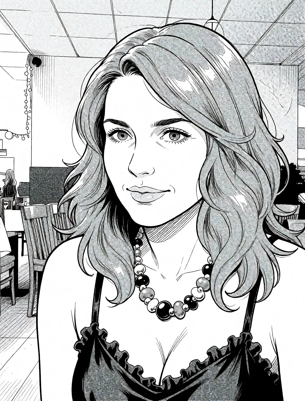 Redraw the entire picture as a black and white manga page: crisp black ink line art, no colour anywhere, flat halftone screentone shading, hatched shadows and clean white highlights, in the look of a printed manga panel. The background is drawn in the same style. Nothing in the frame keeps its photographic appearance. Above all, the picture must show: Молодой человек голый даёт свой член в рот женщине.
