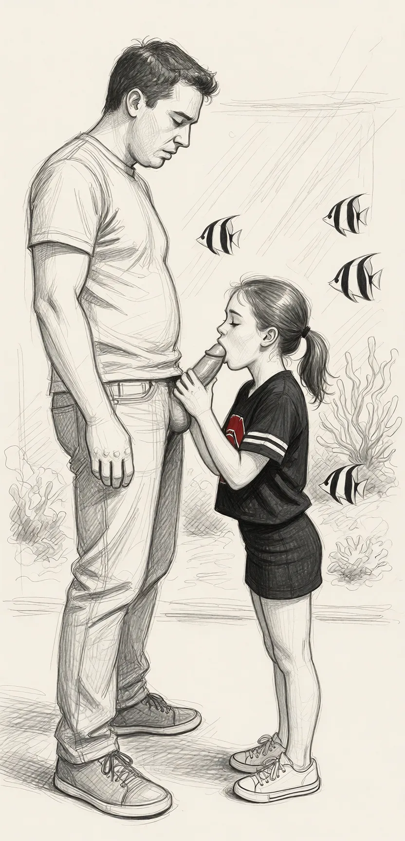 Redraw the entire picture as a hand-drawn graphite sketch on off-white paper: visible pencil strokes, cross-hatched shading, loose construction lines and no colour beyond the grey of the pencil and the tone of the paper. The background is drawn in the same style. Nothing in the frame keeps its photographic appearance. Above all, the picture must show: She is petite, she is sucking his penis.