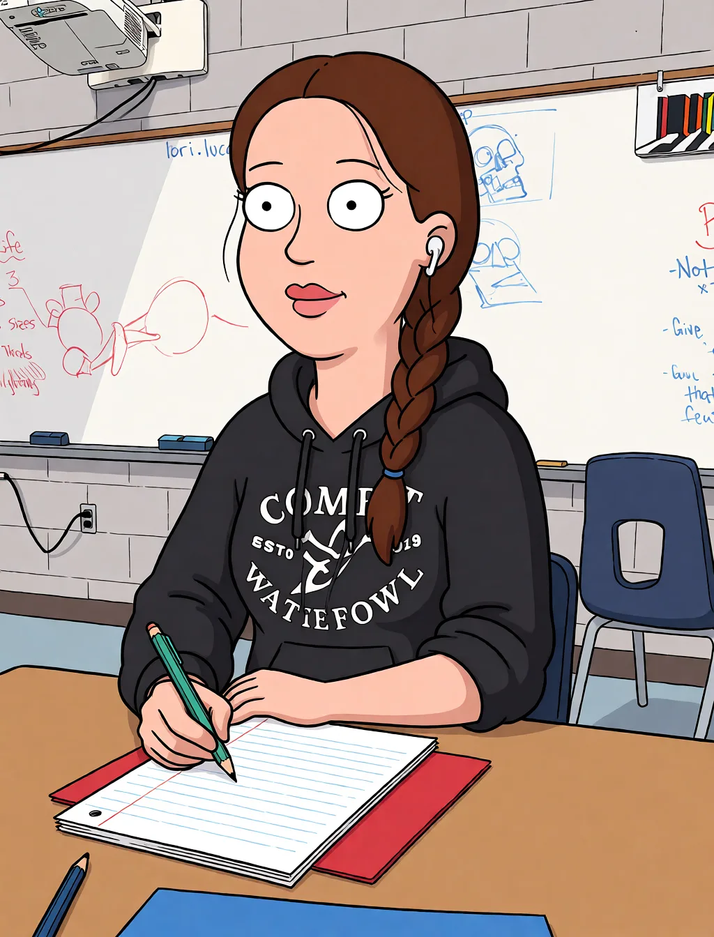 Redraw the entire picture as a western animated cartoon cel: thick even outlines, flat bright blocks of colour, simplified rounded shapes and hard-edged shadows, in the look of a television cartoon rather than of a camera. Keep the woman's adult proportions and adult figure exactly as they are; only the drawing style changes. The background is drawn in the same style. Nothing in the frame keeps its photographic appearance. Above all, the picture must show: I want her ti get sex.